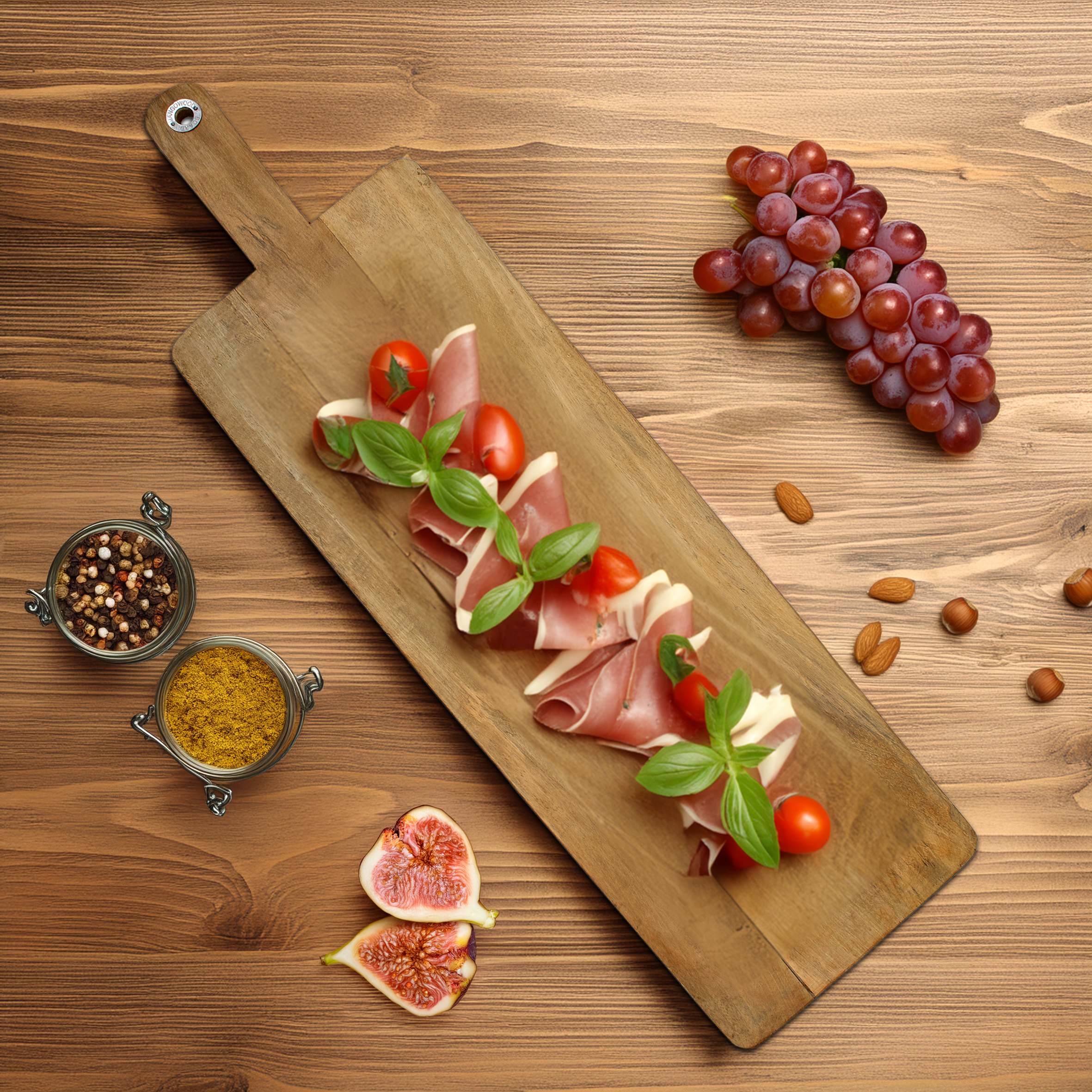XXL Mango Servierbrett natur mit Griff - 100 x 30 cm - Holz Tapas Brett groß mit Standfuß