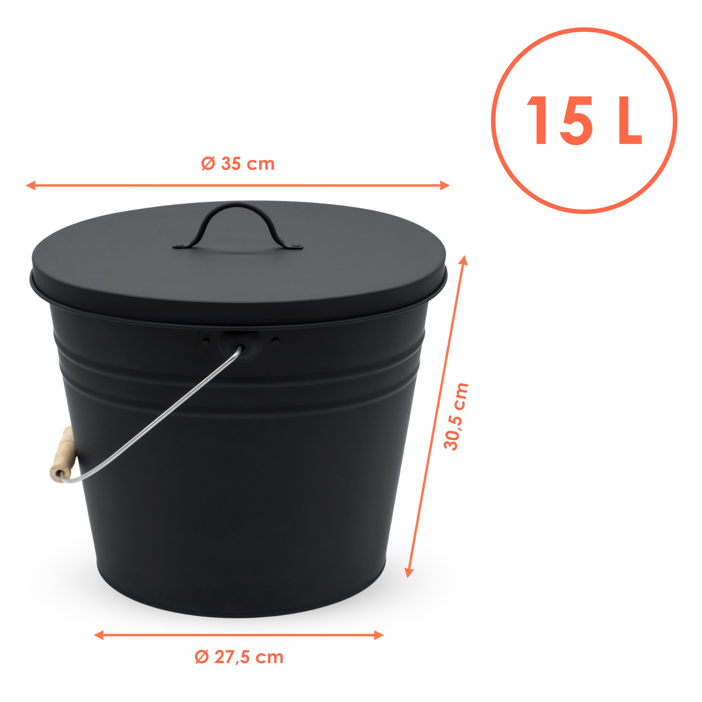 Zink Ascheeimer Oval mit Holzgriff und Deckel 15 L - schwarz - Metall Eimer zum Bepflanzen oder Transportieren