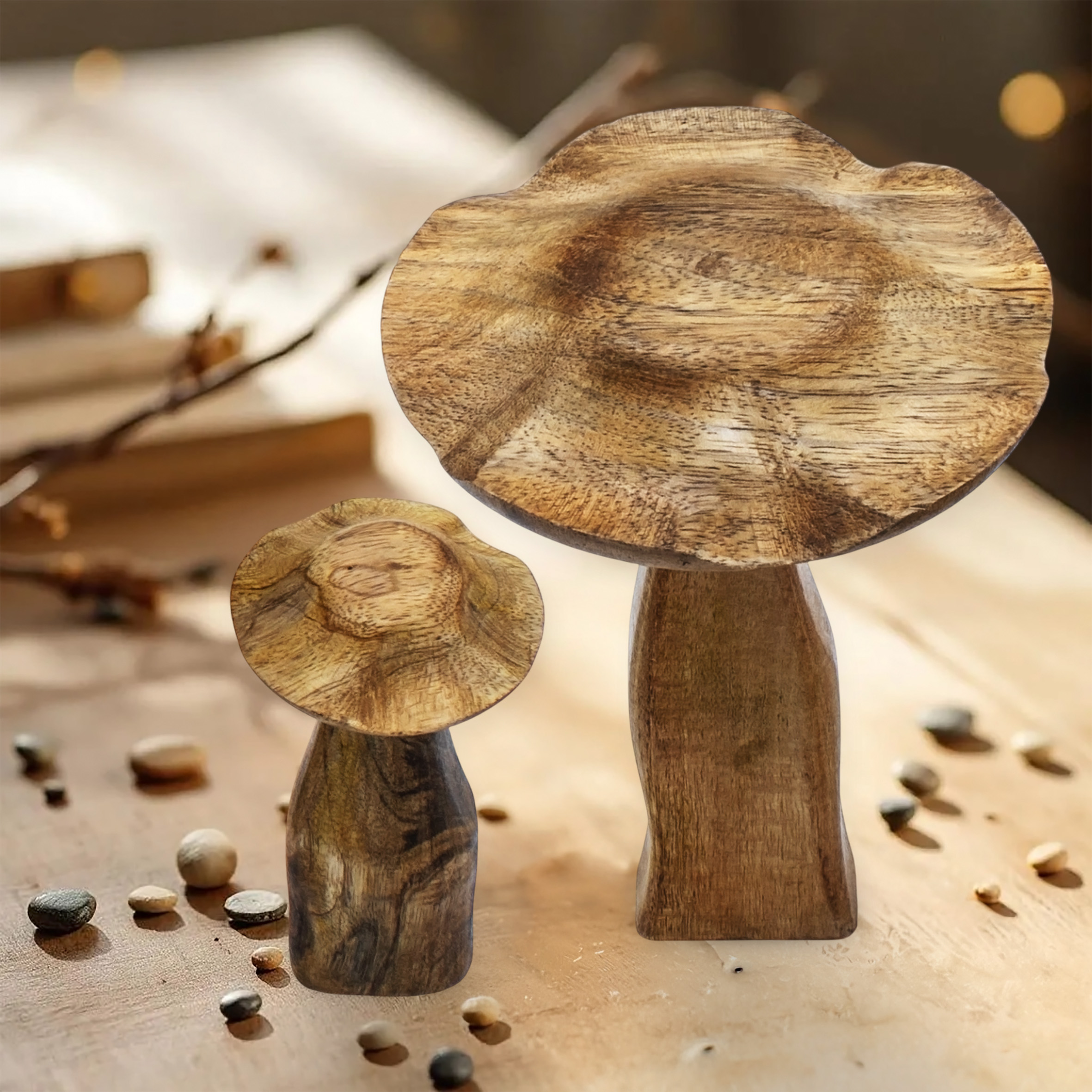Mangoholz Deko Pilz 3er Set natur - 20 / 13 cm - Holz Waldpilz Dekofigur