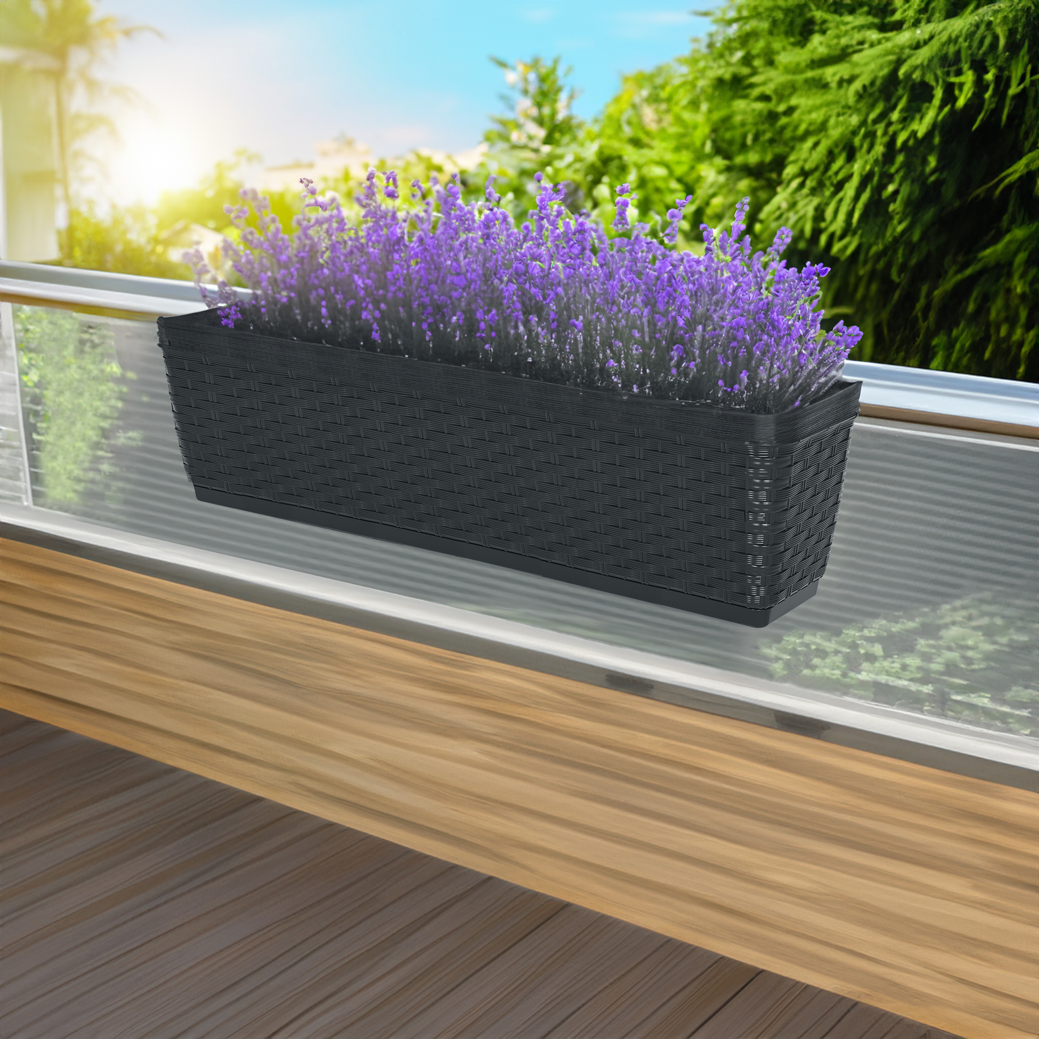 Balkon Blumenkasten mit Halterung und Bewässerungssystem - 2er Set / 40 cm - Kunststoff Geländer Pflanztopf in anthrazit