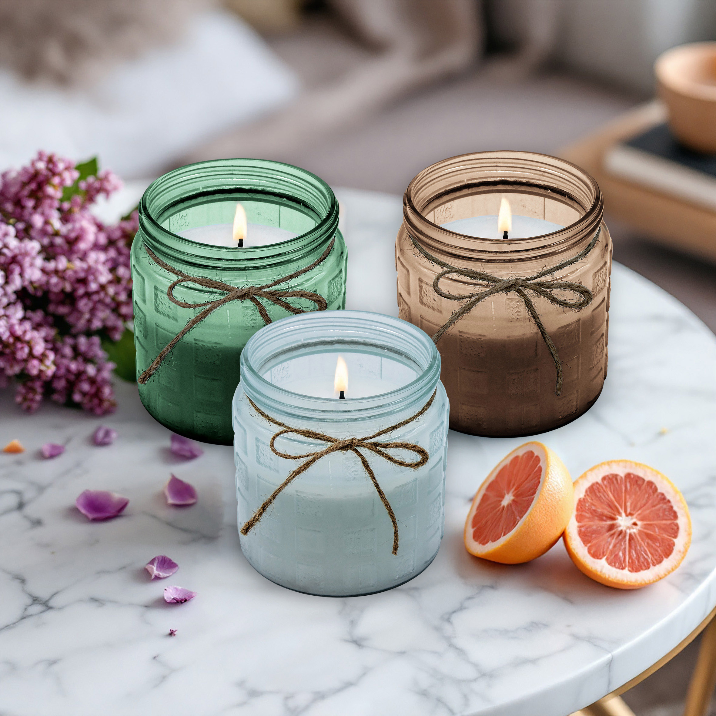 XL Duftkerze im Glas mit Flieder Grapefruit Duft - 3er Set - Aromakerze 12 x 11 cm mit 28 Stunden Brenndauer