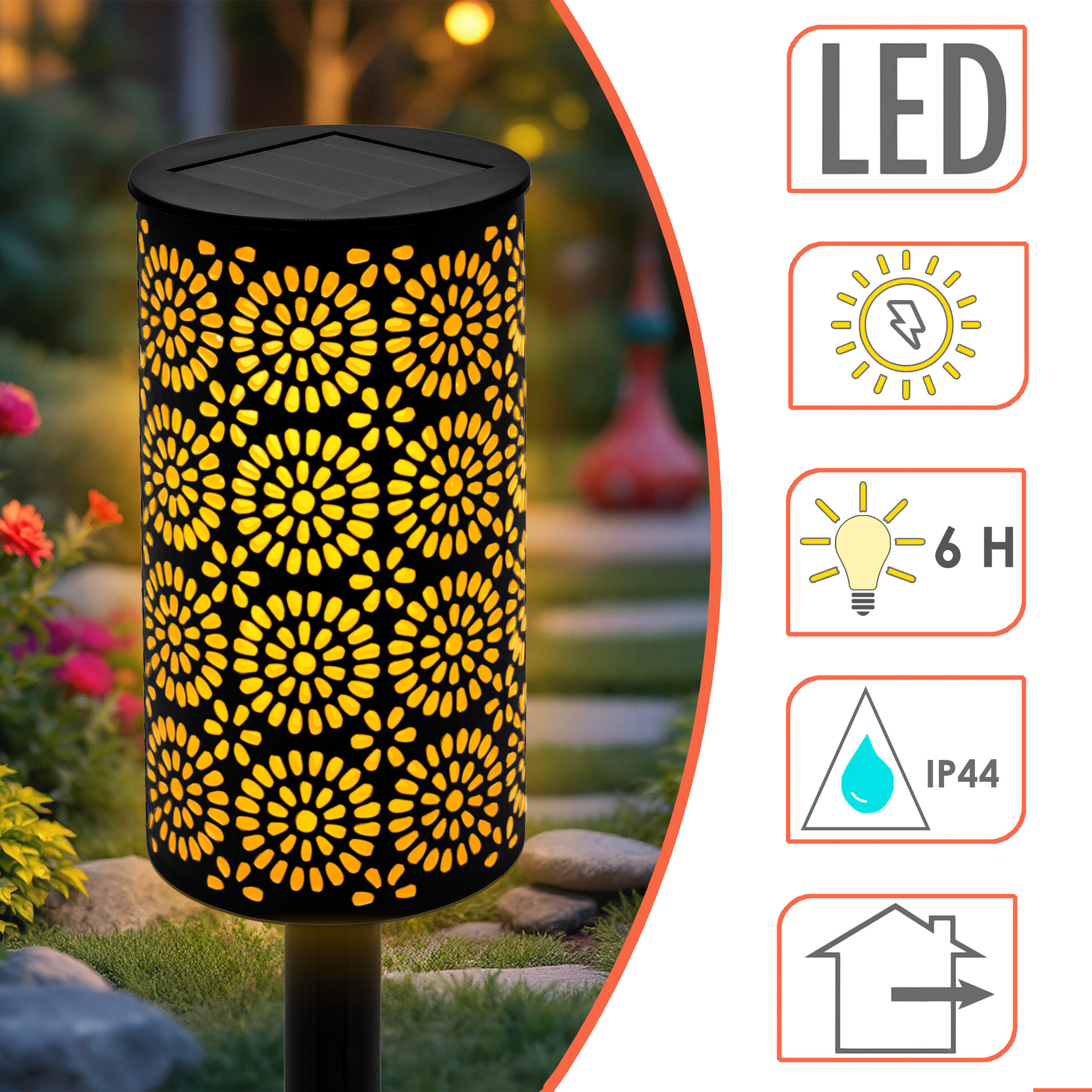 LED Solar Gartenfackel mit Blumen Muster 49 x 7 cm - 12er Set - Wegeleuchte mit realistischem Flammeneffekt