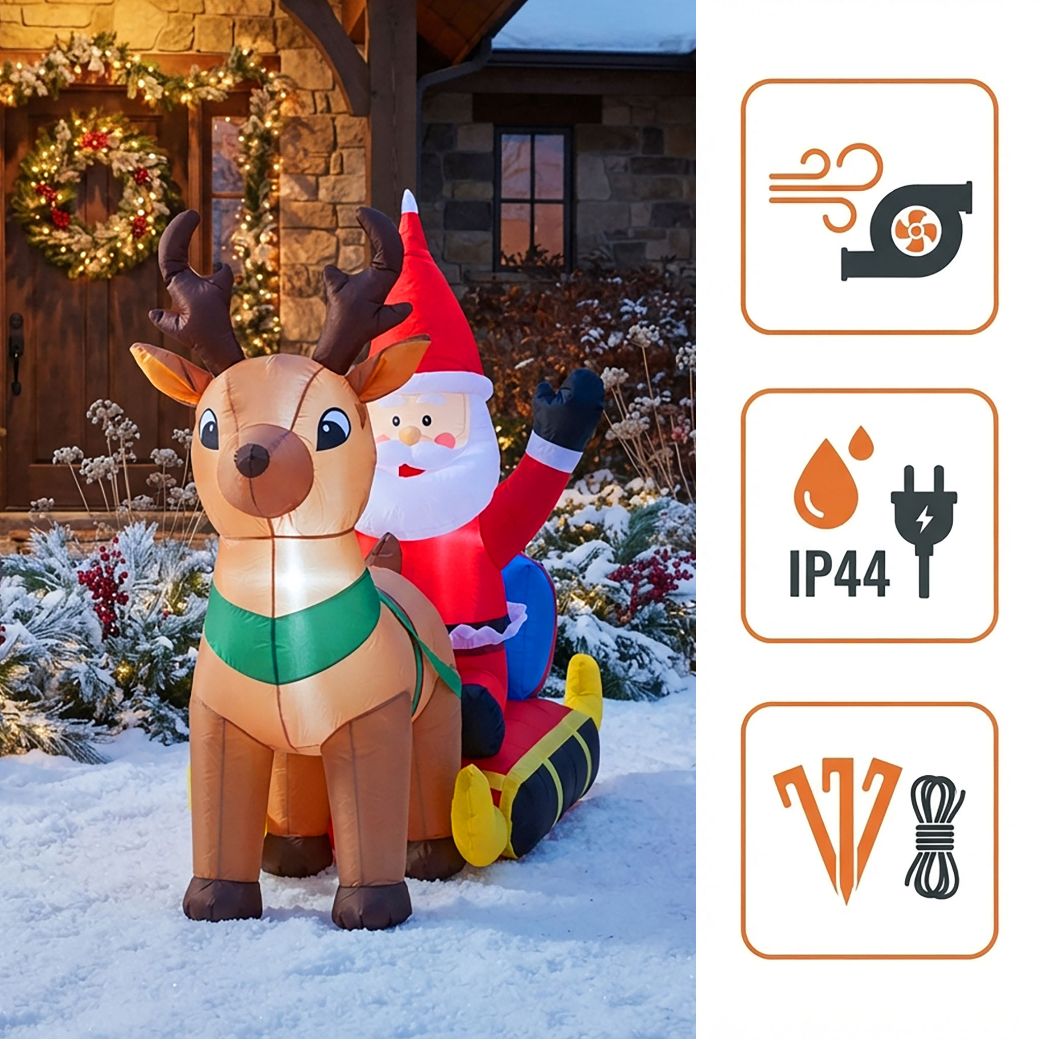 Aufblasbarer XL Rentierschlitten mit LED Beleuchtung und Stecker für Außen und Innen - 200 x 130 cm - Riesen Weihnachtsfigur selbstaufblasend bunt beleuchtet