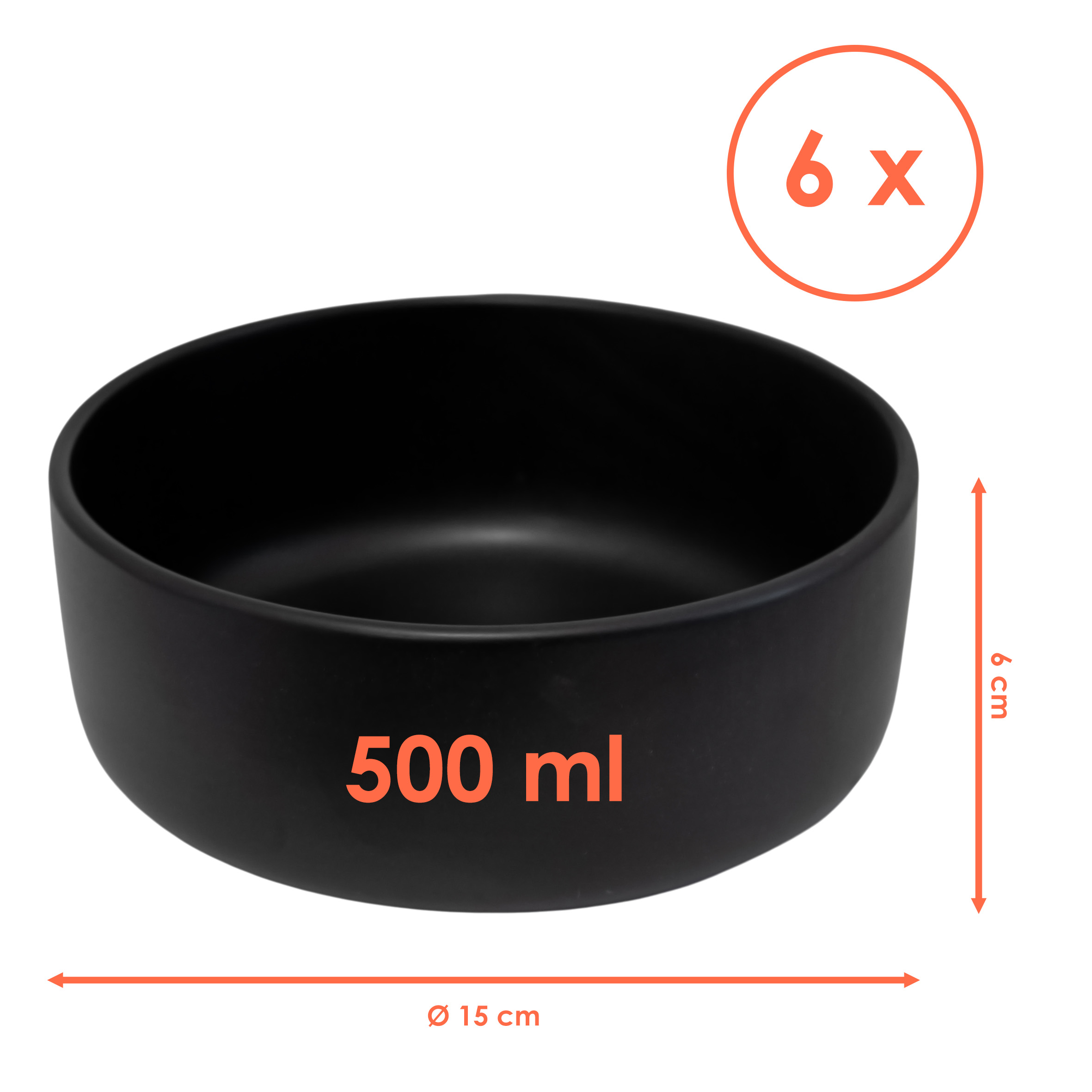 Feinkeramik Salatschale 500 ml schwarz matt - 6er Set - Porzellan Müslischale 15 x 6 cm
