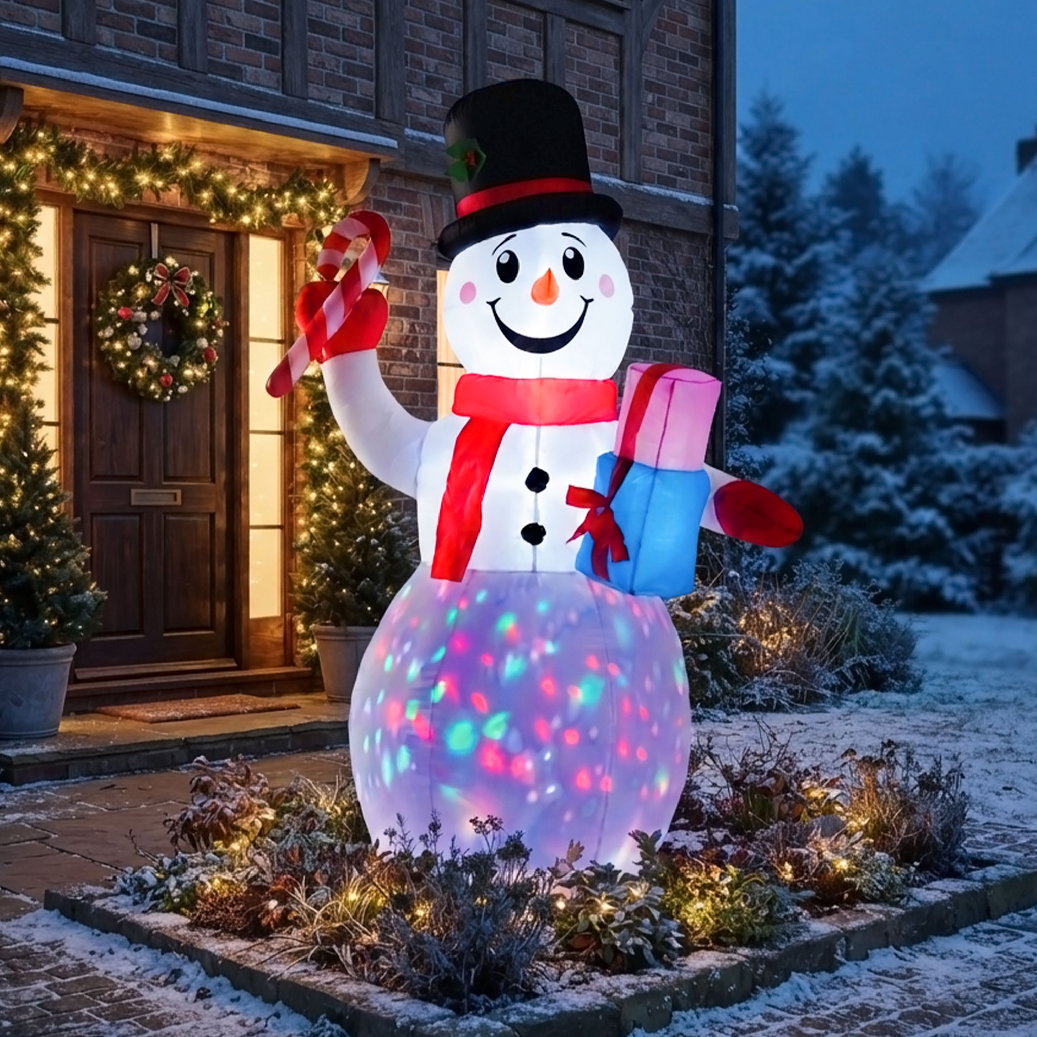 Aufblasbarer XL Schneemann mit LED Beleuchtung und Stecker für Außen und Innen - 200 x 130 cm - Riesen Schneefigur selbstaufblasend bunt beleuchtet