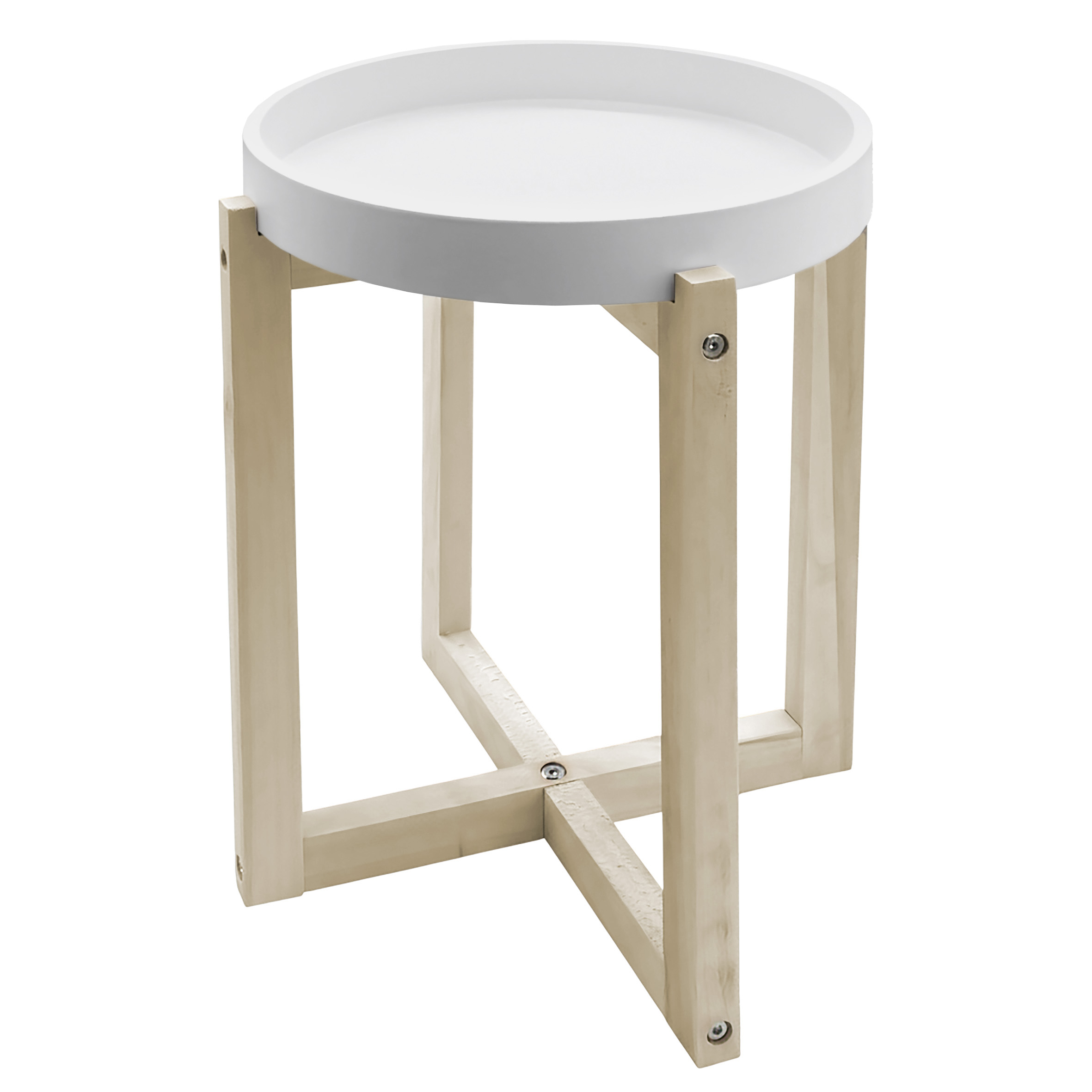 Holz Beistelltisch rund mit Tischplatte im Tablett Design 30 cm - weiß - Deko Blumentisch mit naturbelassenem X-Gestell