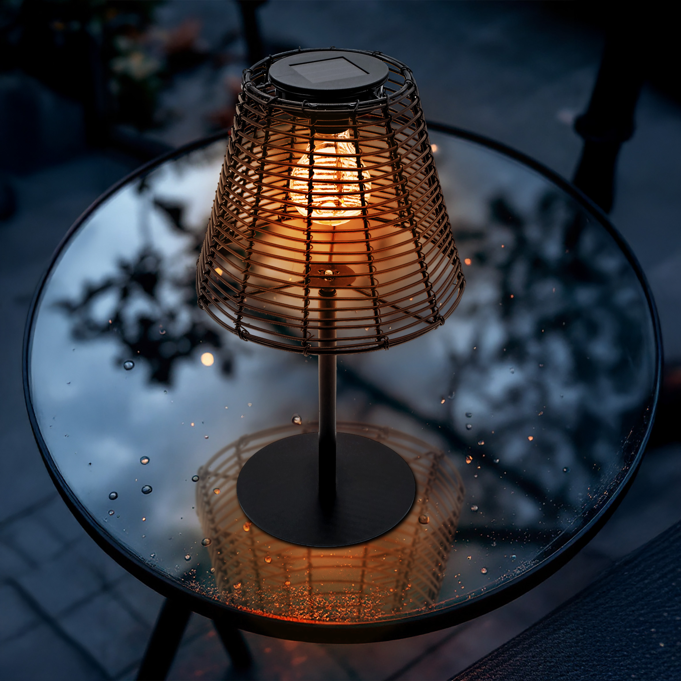 Solar Tischleuchte in Rattan Optik schwarz mit LED Glühbirne - 33 x 20 cm - Gartenlampe warm weiß beleuchtet