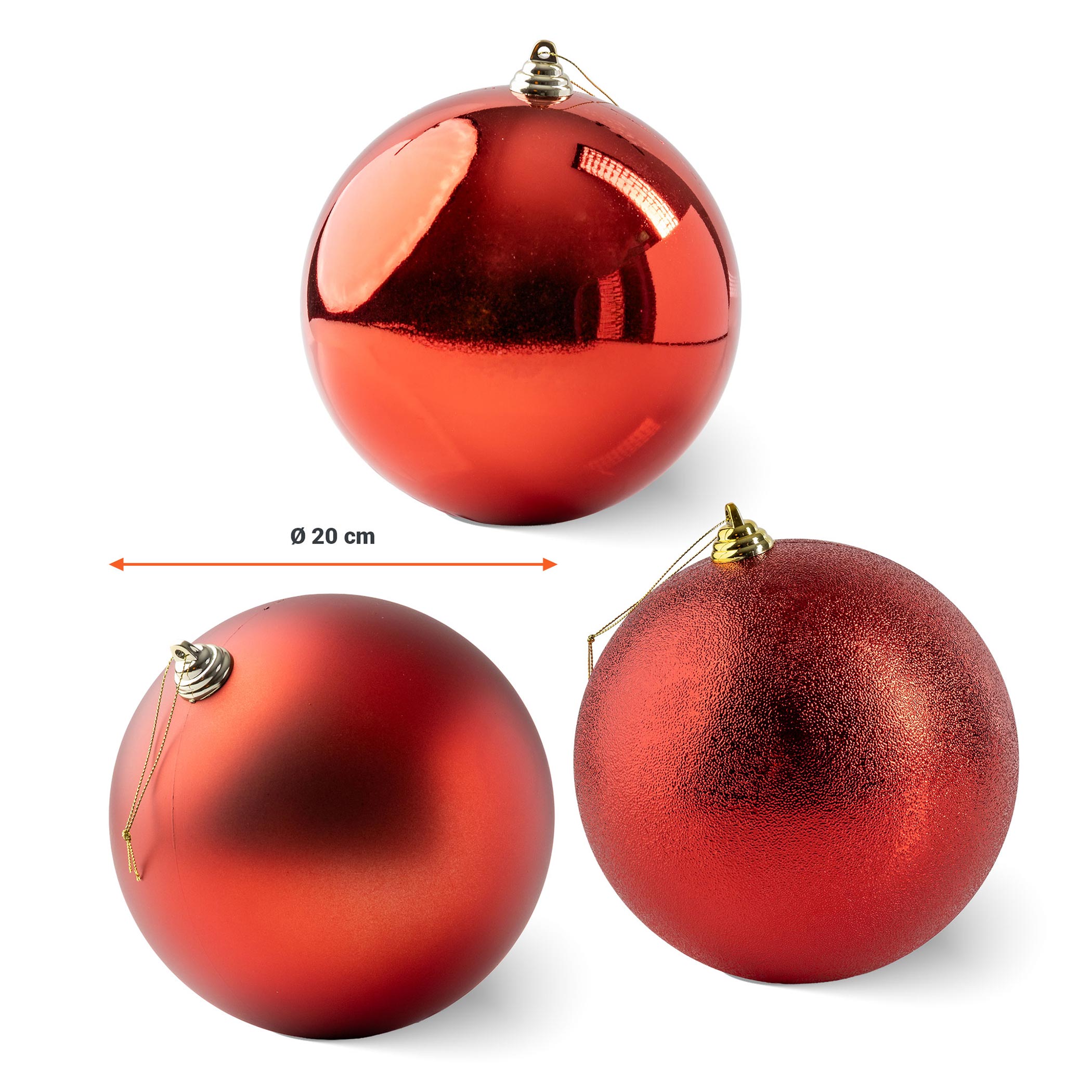 XL Kunststoff Christbaumkugeln 20 cm rot für Innen und Außen - 3er Set - Weihnachtsbaumkugeln extra groß je 1x in matt, glänzend und glitzernd