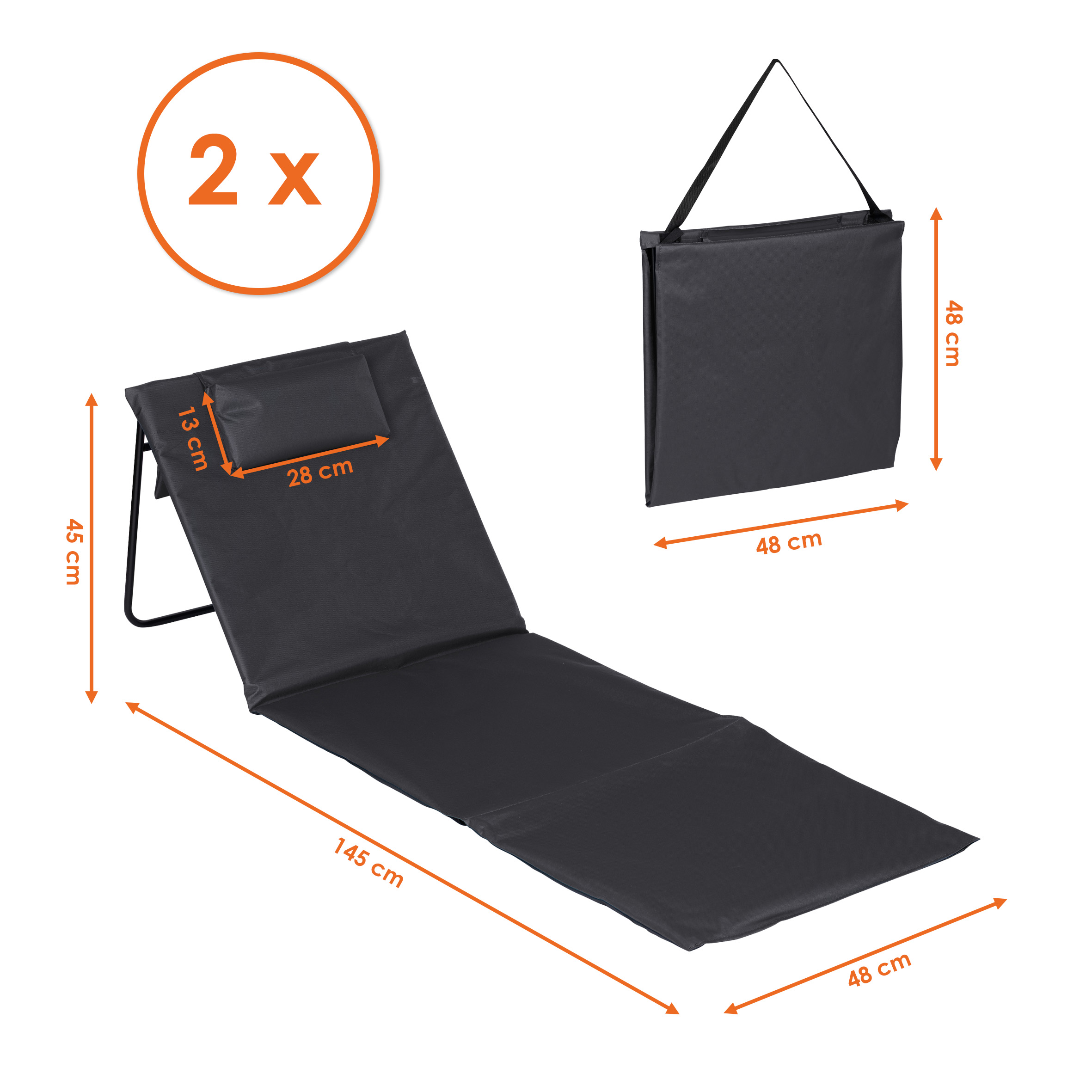 Strandmatte 2er Set klappbar mit verstellbarer Rückenlehne - dunkelgrau - Liegematte faltbar 145 x 48 cm mit Kopfkissen