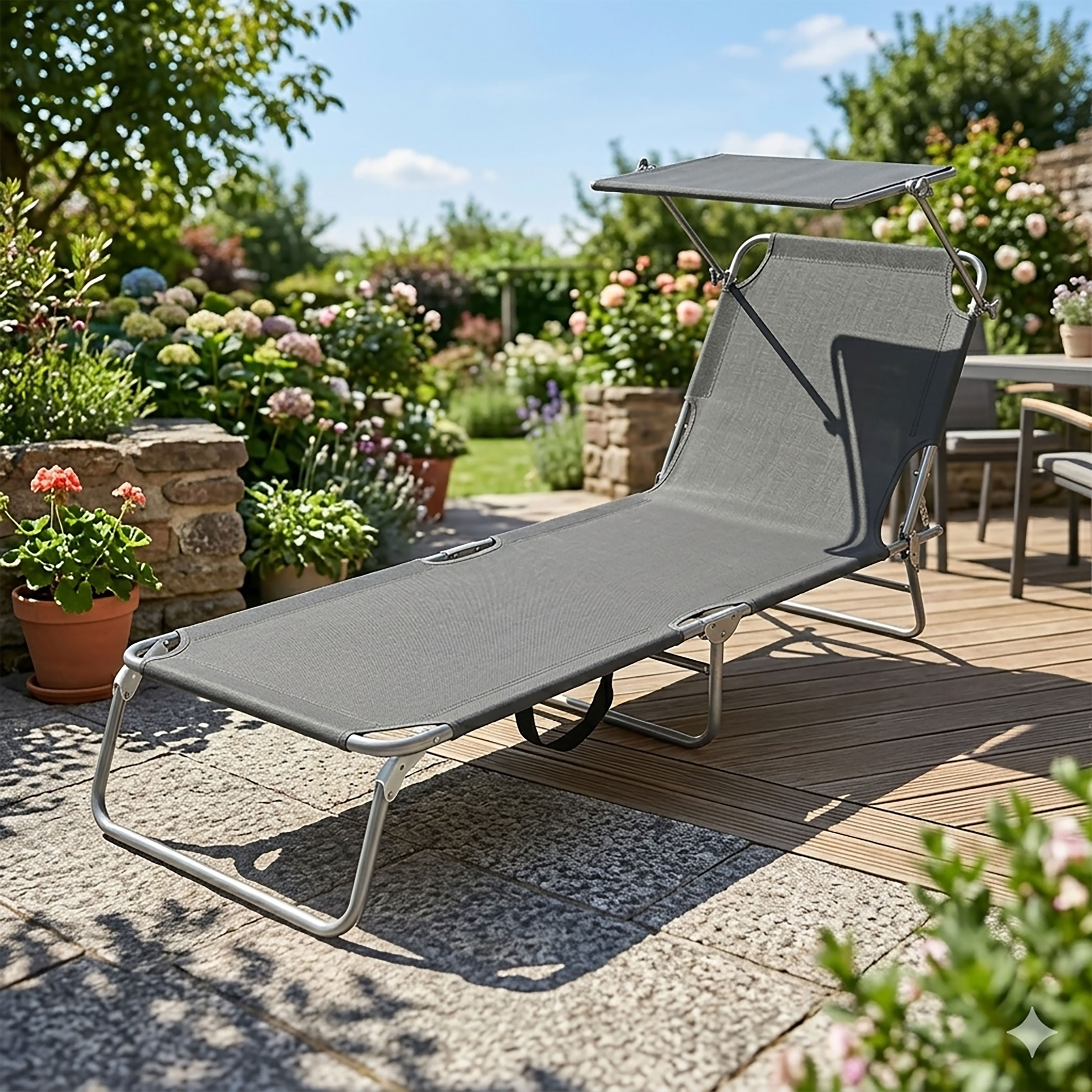 3-Bein Gartenliege klappbar mit Tragegurten - dunkelgrau oder schwarz / mit oder ohne Sonnendach - Relax Sonnenliege mit 4-fach verstellbarem Rückenteil