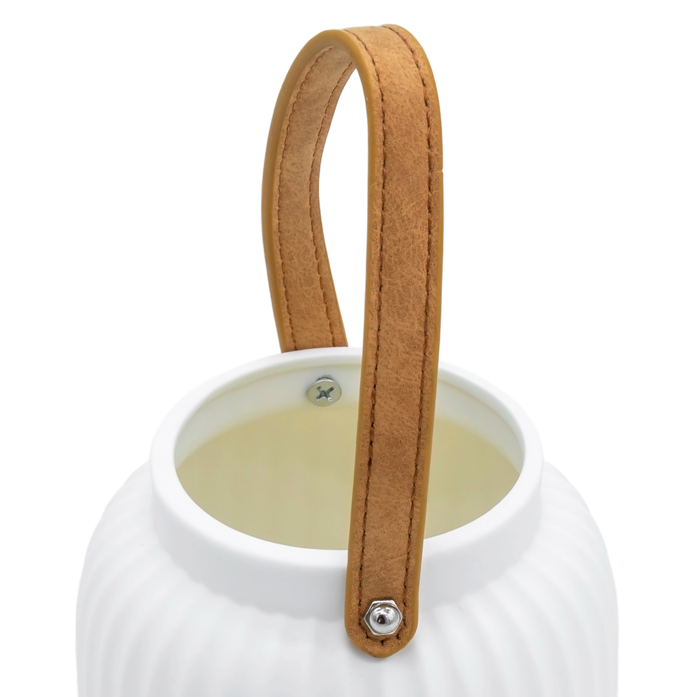 LED Keramik Laterne matt weiß mit Henkel in Leder Optik - 16 cm x 13 cm - Porzellan Windlicht warm weiß beleuchtet batteriebetrieben