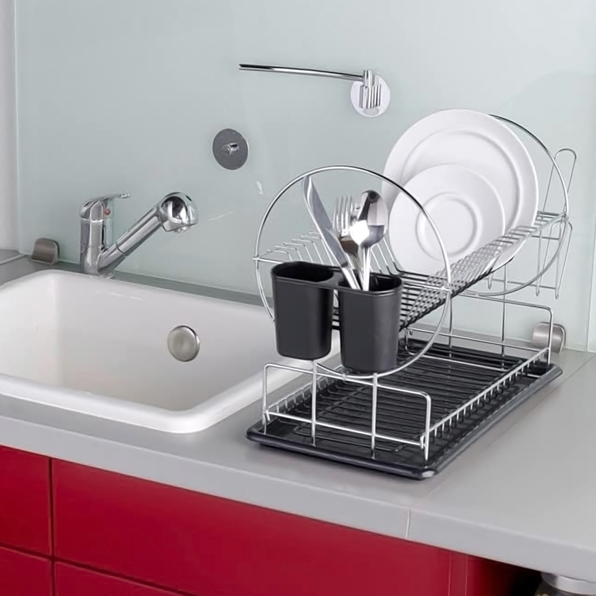 Metall Abtropfgestell mit Besteckkorb und Tassenhalter - 50 x 36 cm - Geschirr Abtropfgitter mit 2 Etagen und Antirutsch-Matte