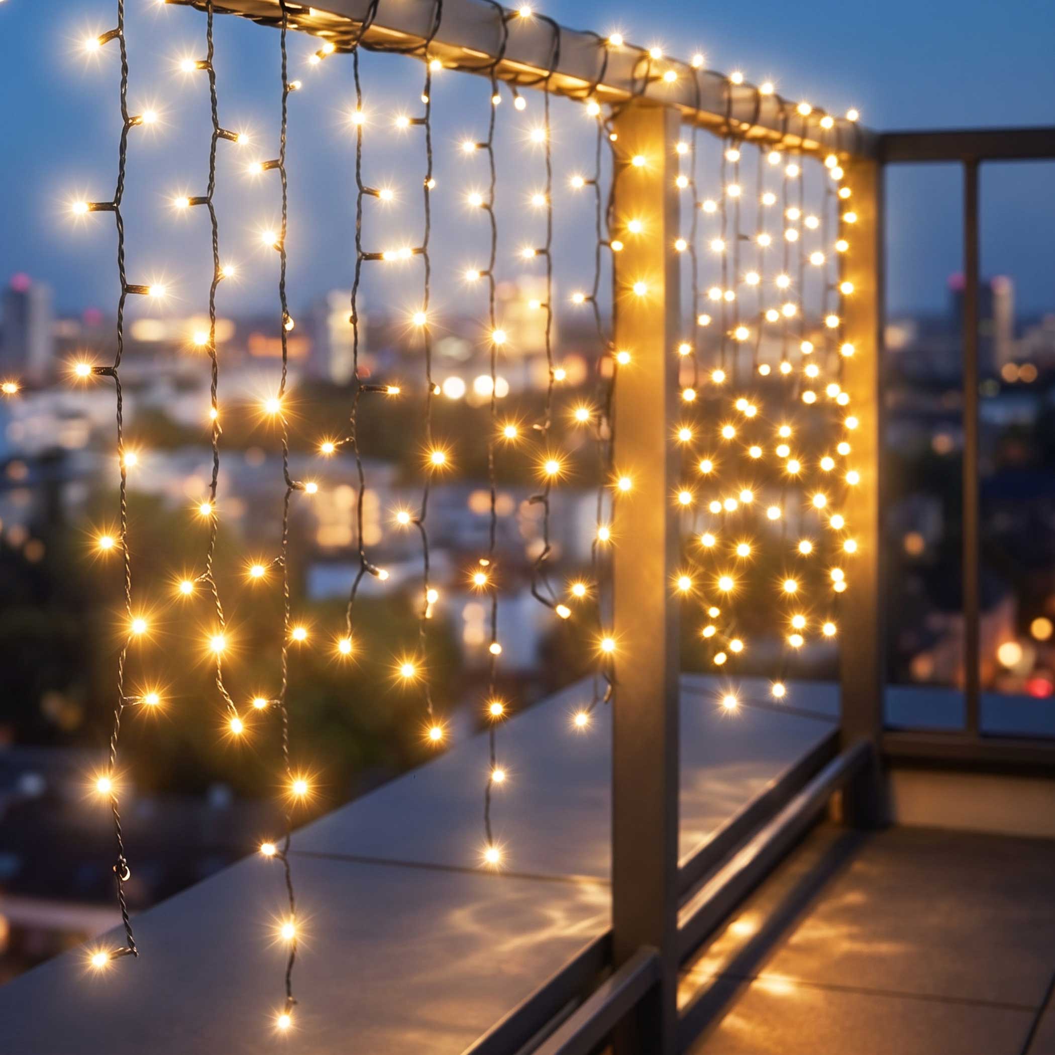 Eisregen Lichtervorhang warm weiß für Außen mit Stecker - 256 LED / 3,75 m - Eiszapfen Lichterkette mit 16 Lichtfäden flexibel erweiterbar