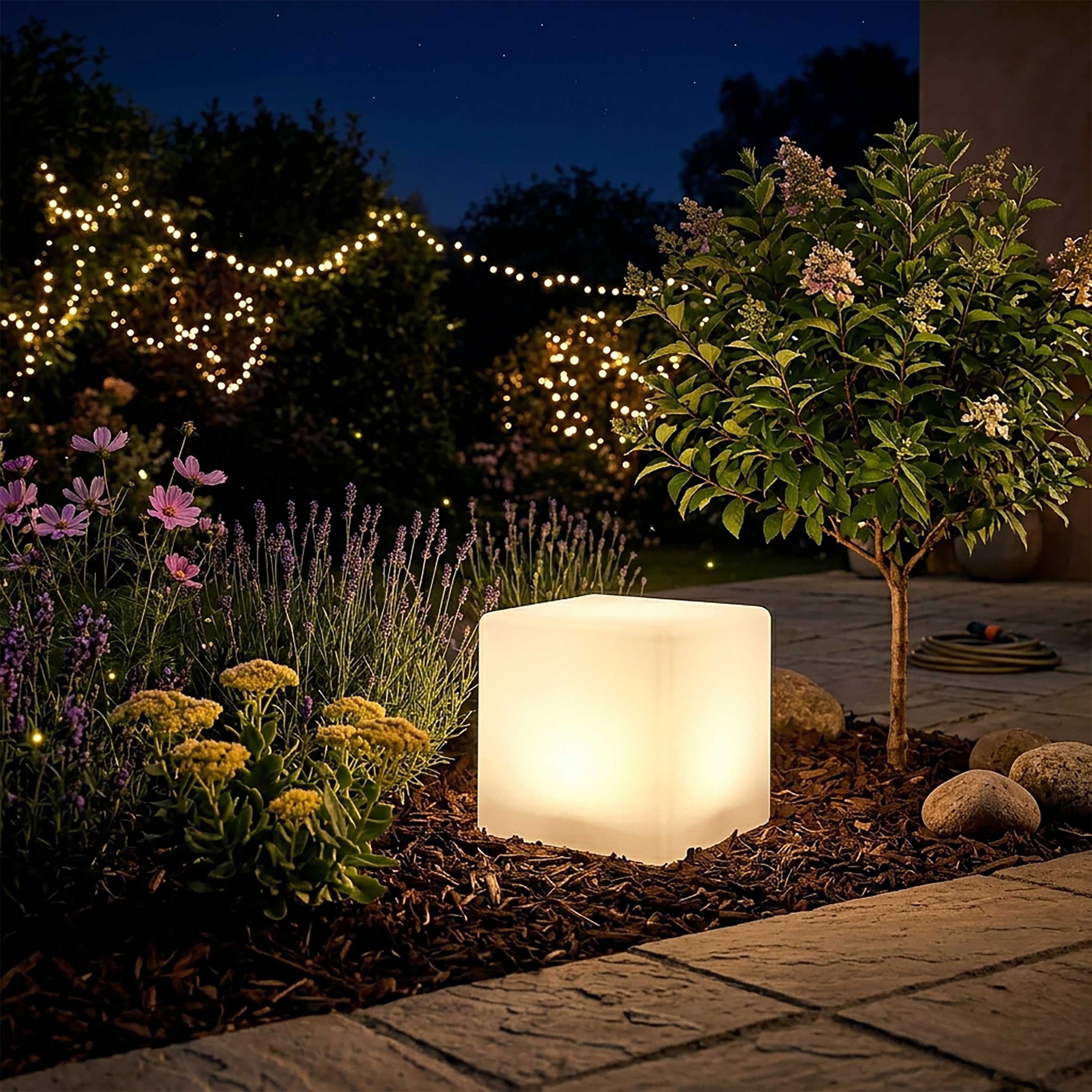 LED Solar Kunststoff Würfelleuchte warm weiß - 20 cm - Garten Deko Beleuchtung mit Milchglas Optik