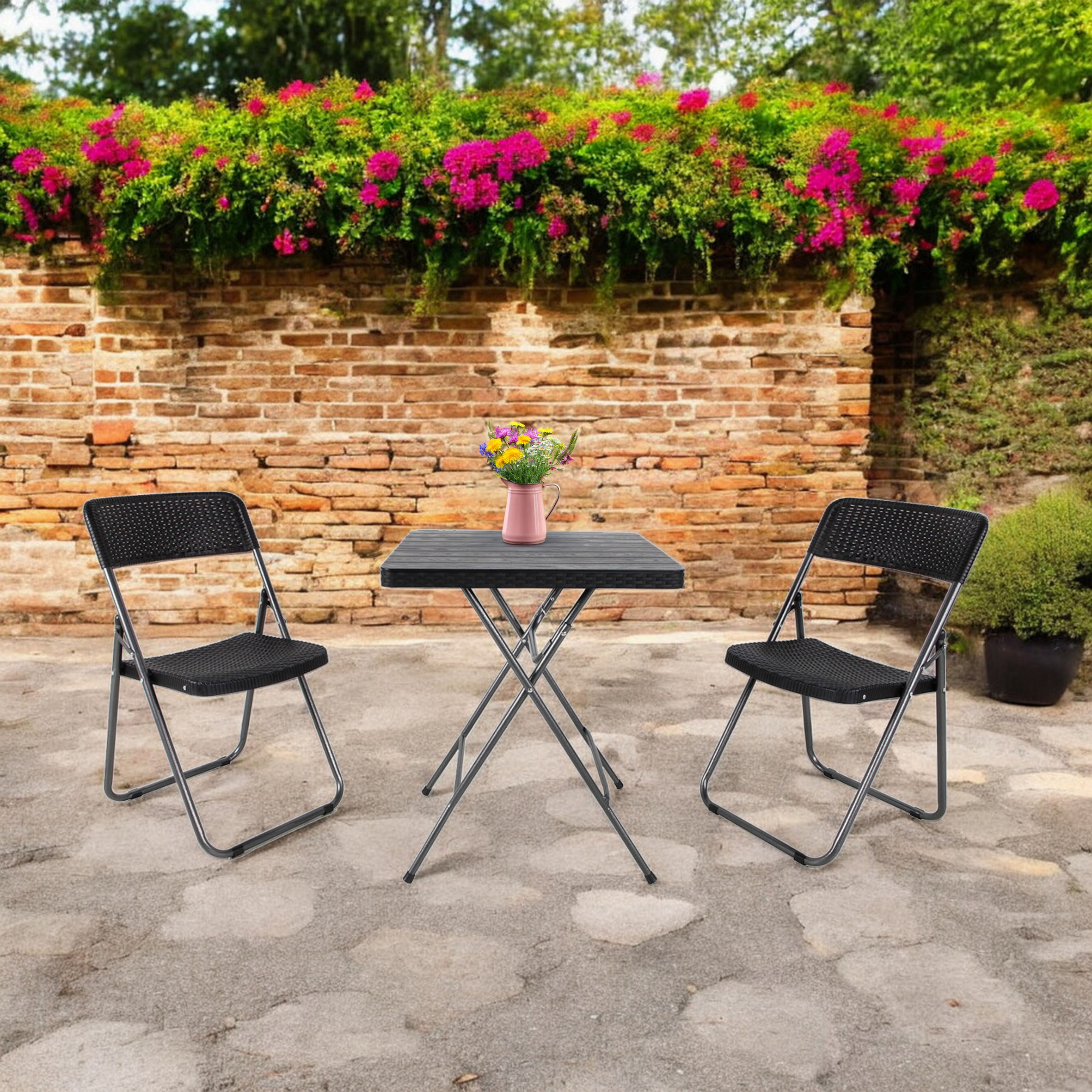 Klappstuhl im Rattan Design schwarz 4er Set - 82 x 46 cm - Gartenstuhl mit Rückenlehne klappbar in Flechtoptik