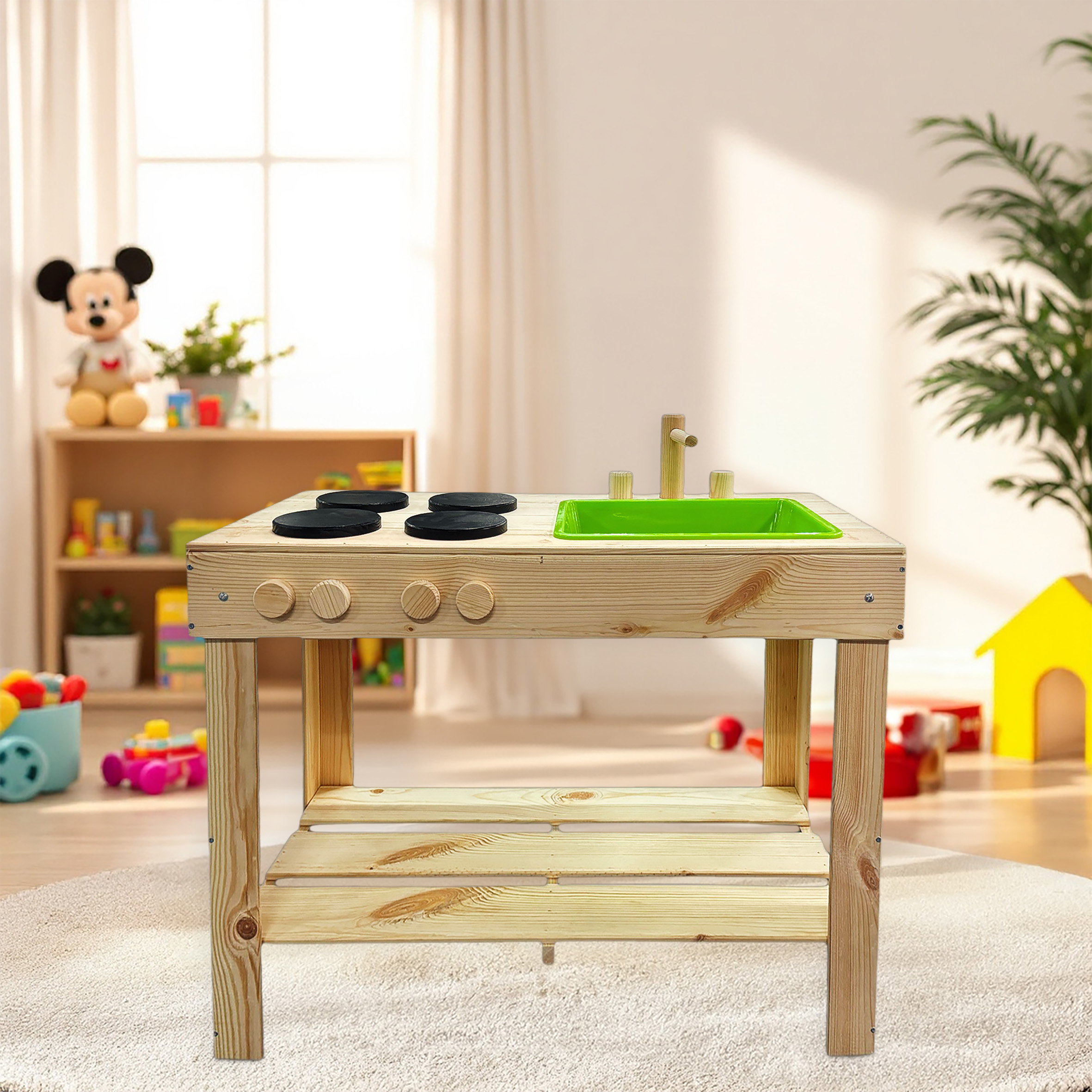 Holz Spielzeug Matschküche für Kinder - 72 cm - Spielküche mit Waschbecken und Herdplatten