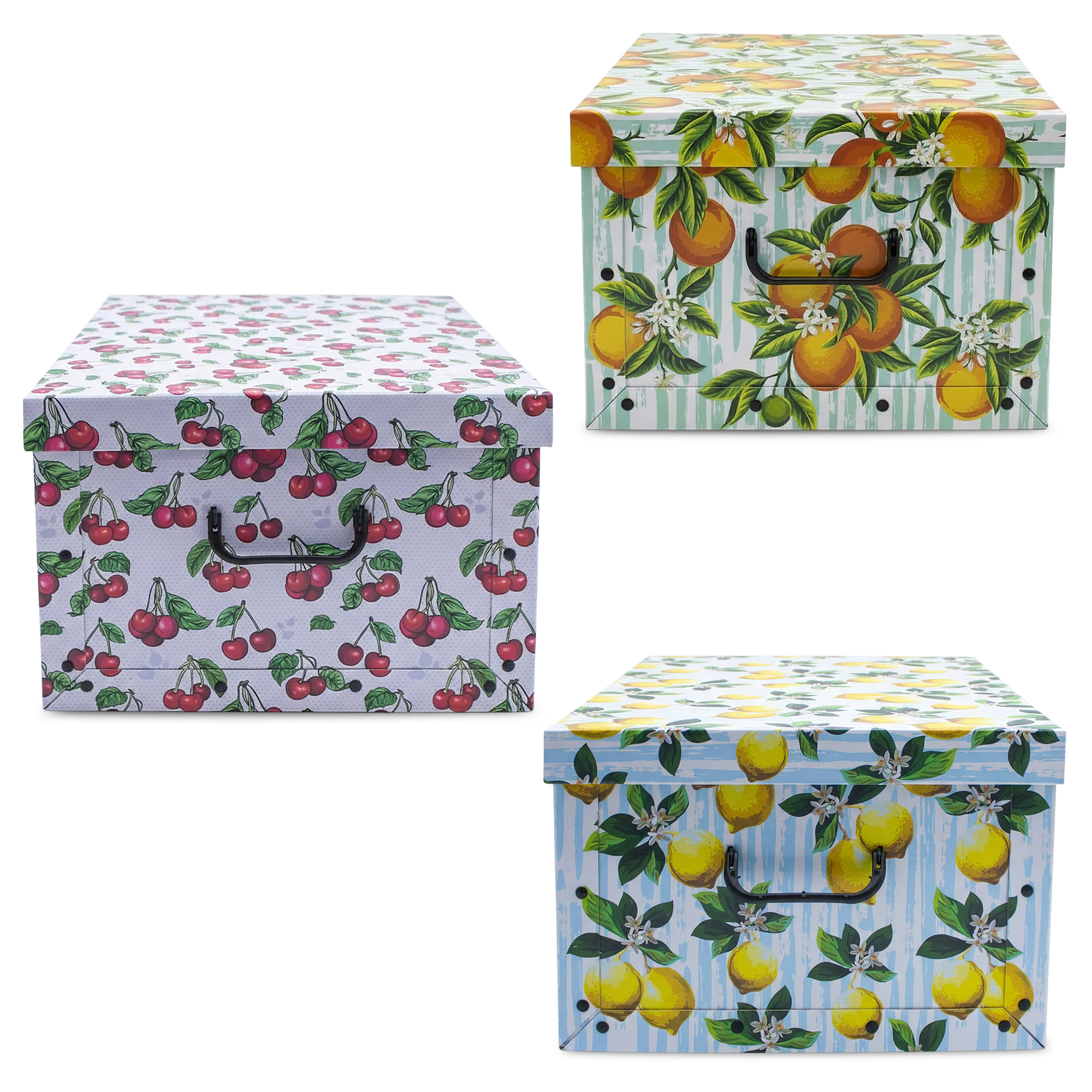 3er Set Aufbewahrungsbox mit Deckel 51 x 37 cm - Früchte - Stapelbox aus Pappe mit Griffen 45 Liter