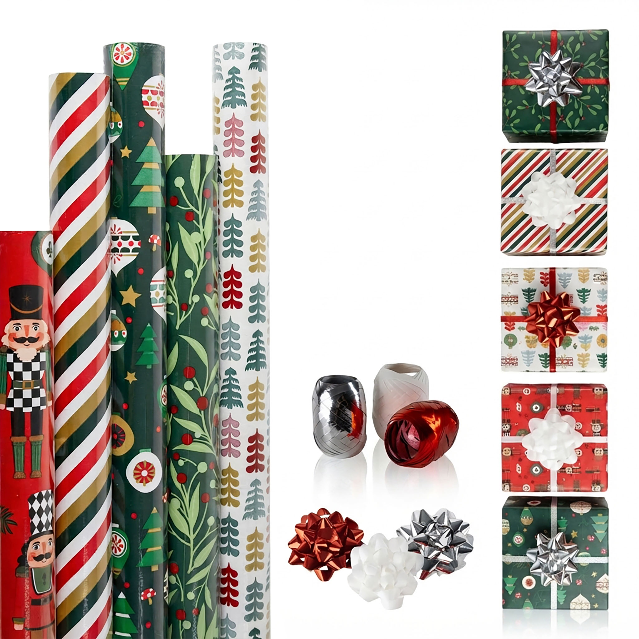 Weihnachts Geschenkpapier 200 x 70 cm mit festlichen Motiven - 5 Rollen - Weihnachtsgeschenk Papierrolle 2 Meter bunt mit Geschenkband und Schleifen