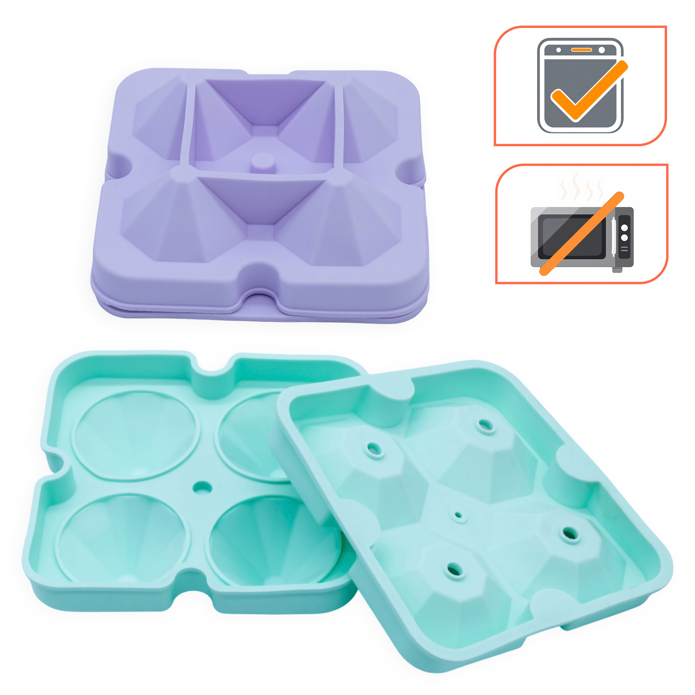 Silikon 4er Eiswürfelform XL Diamant je 5 cm - 2er Set - Eiswürfelschale mit Deckel für 4 große Kristalle