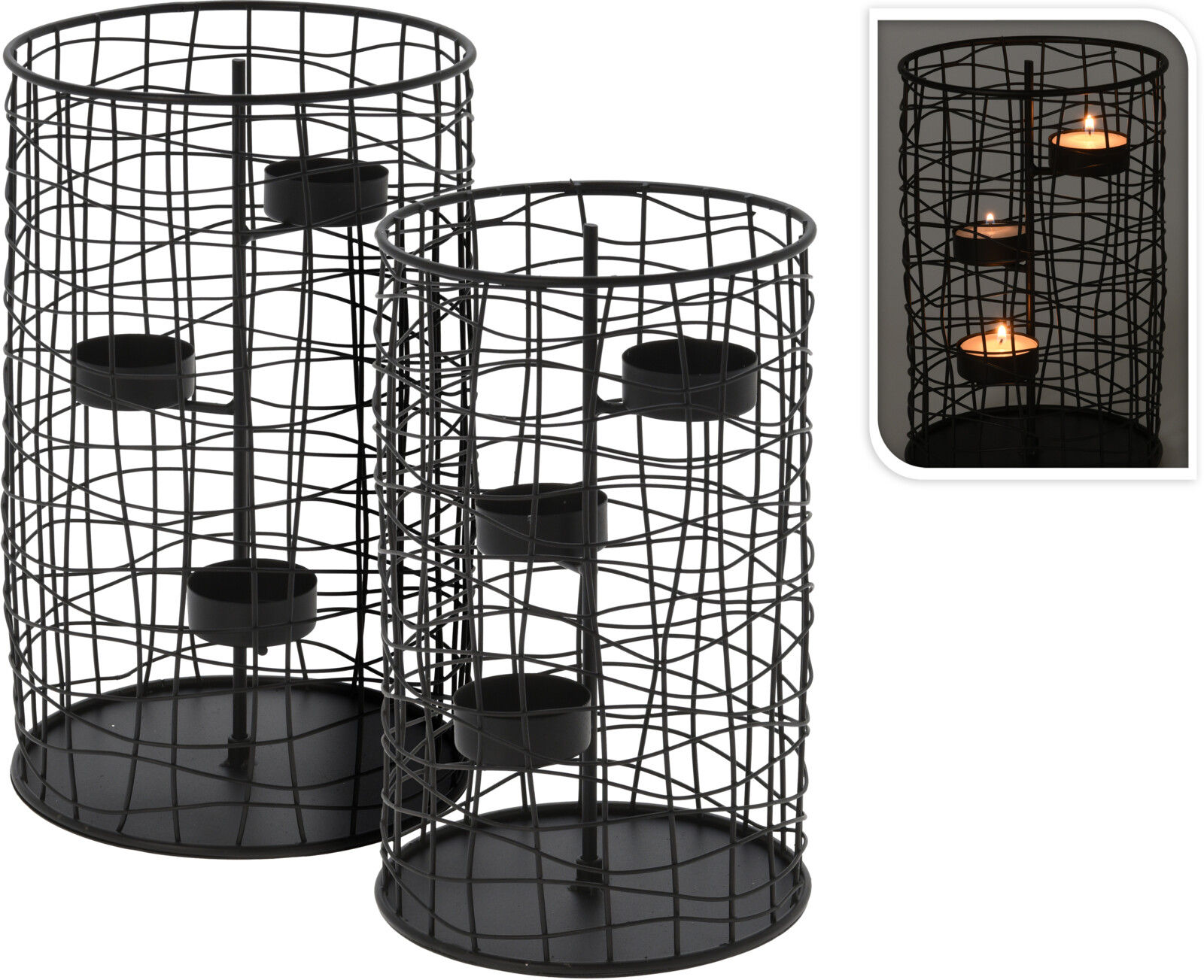 Metall Gitter Teelichthalter 2er Set schwarz - 25 / 21 cm - Drahtkorb Gitterkorb Kerzenständer rund für je 3 Teelichter