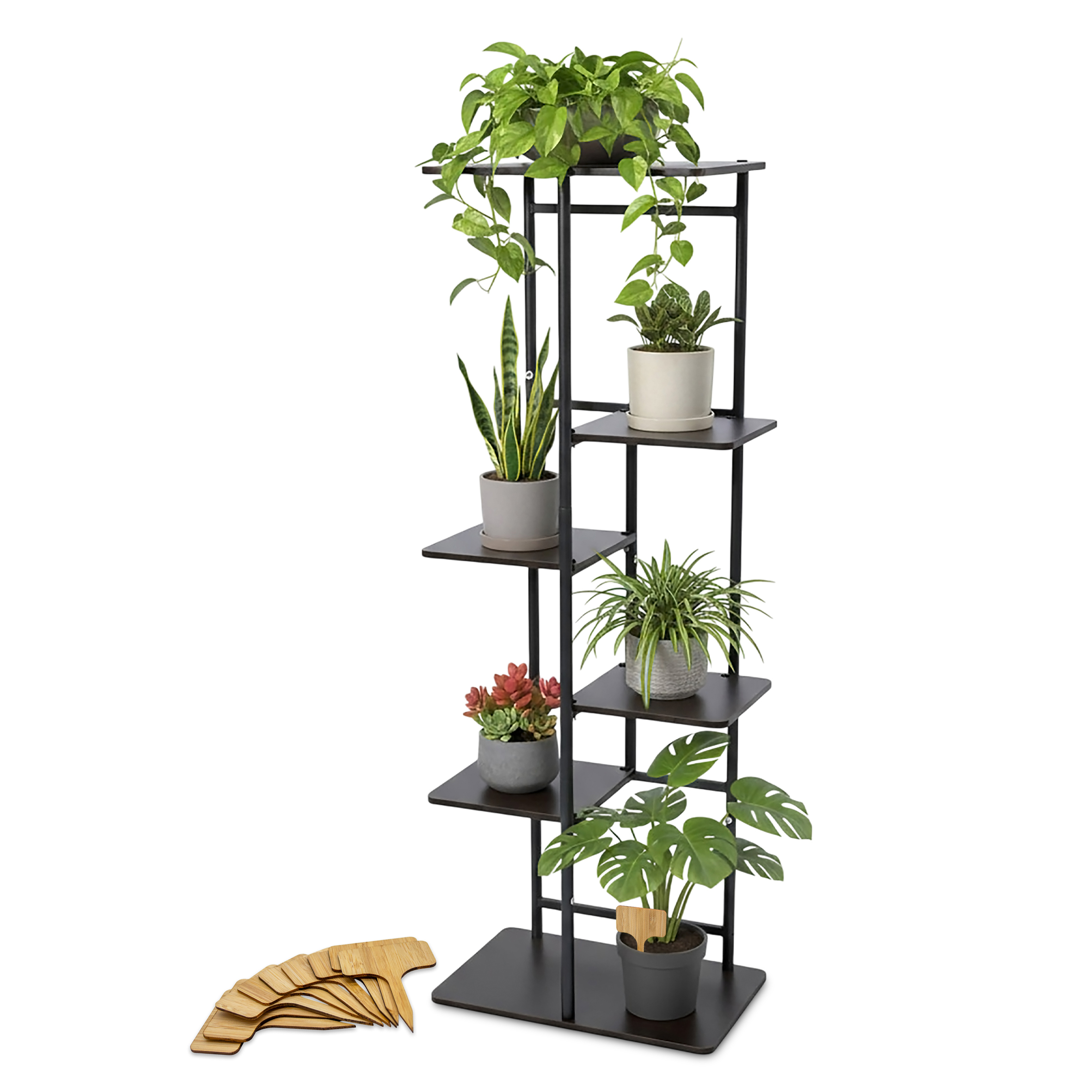 Metall Pflanzenständer schwarz mit 5 Ebenen aus Holz - 106 x 35 cm