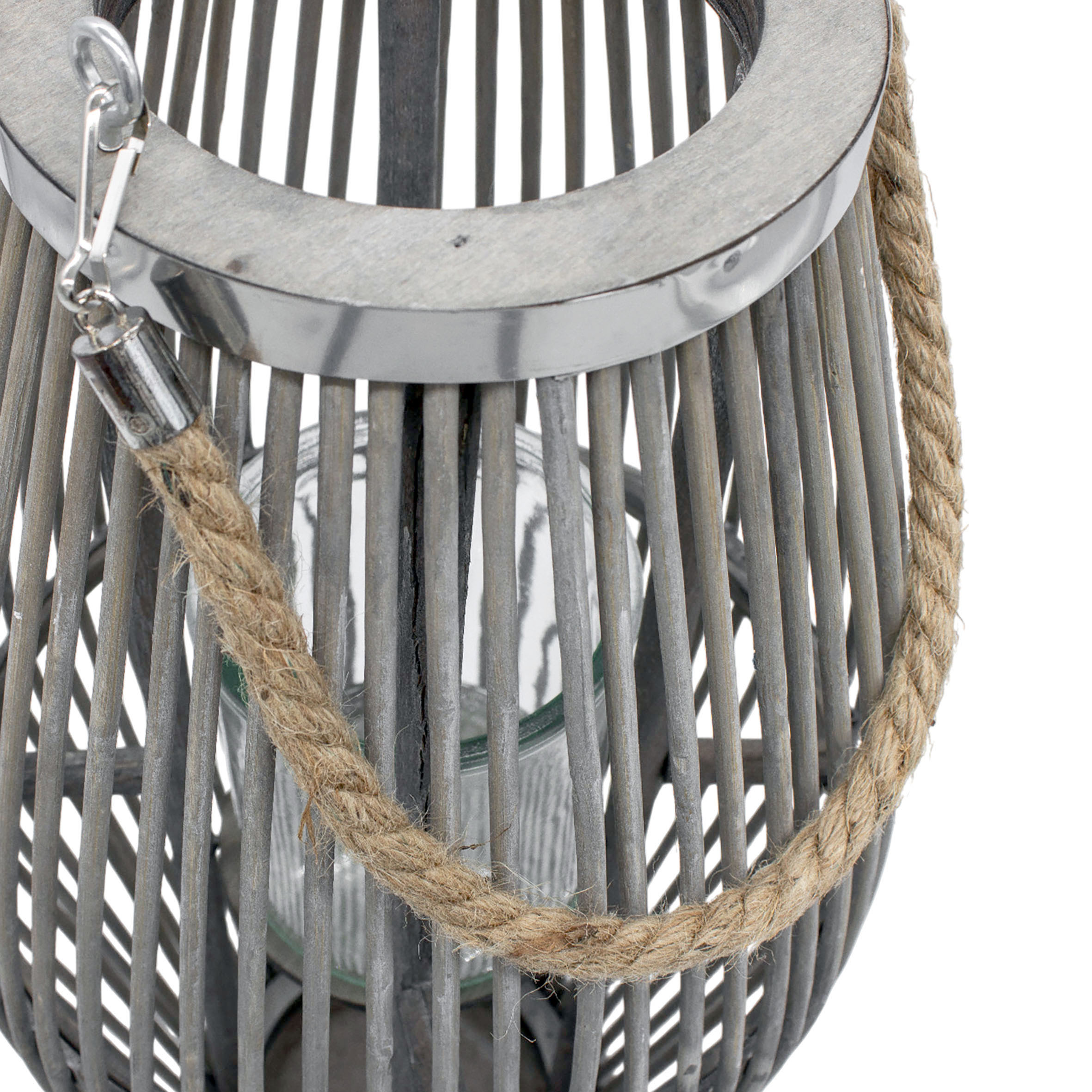 XXL Bambus Laterne shabby grau mit Kerzenglas - 50 x 24 cm - Holz Windlicht mit Jute Seil zum Hängen