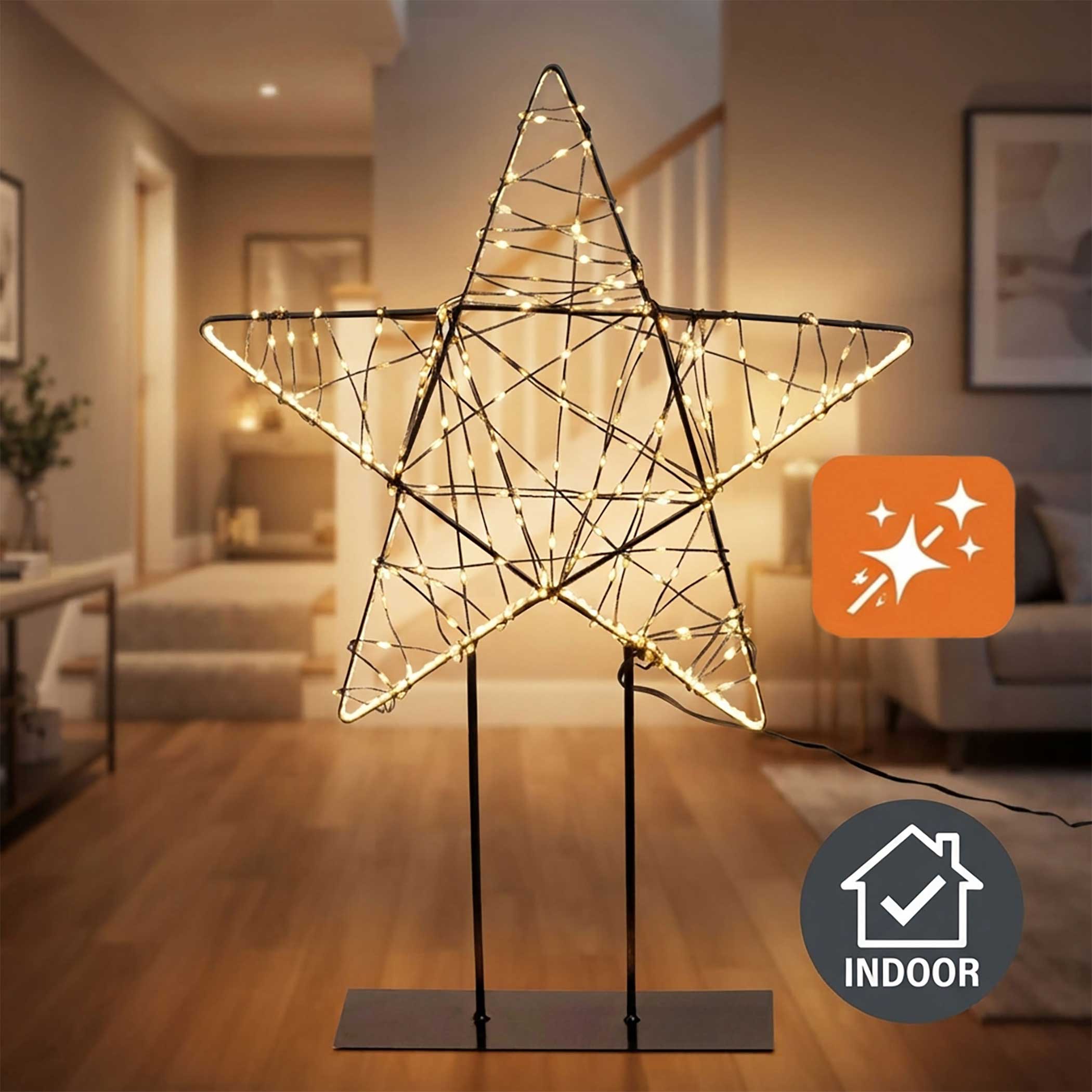 LED Metall Stern schwarz auf Fuß mit Twinkle Effekt für Innen - 50 x 35 cm - Leuchtstern mit 350 funkelnden LEDs in warm weiß