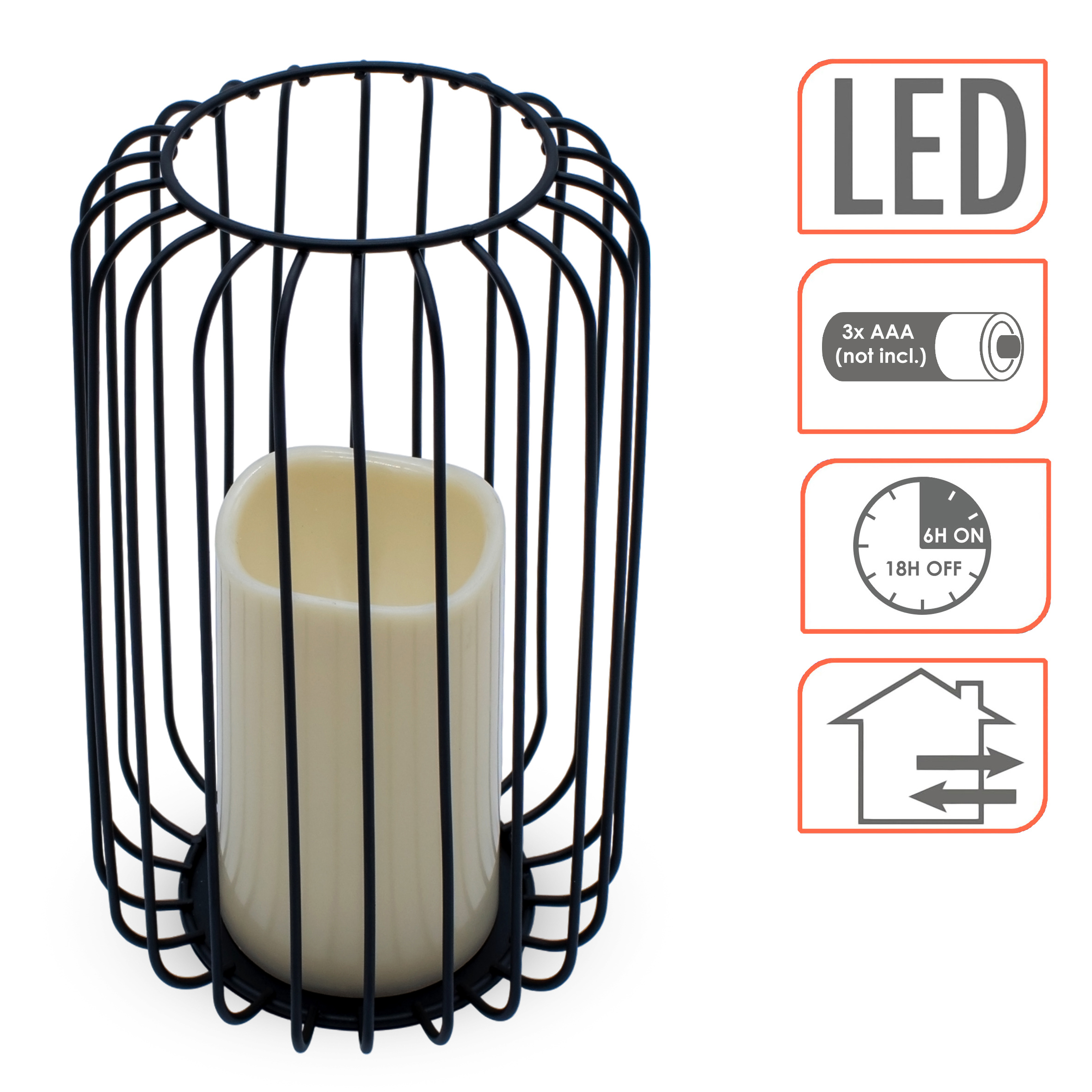 Metall Gitter Windlicht schwarz mit LED Kerze - 22 x 14 cm - Tisch Laterne warm weiß beleuchtet mit Timer