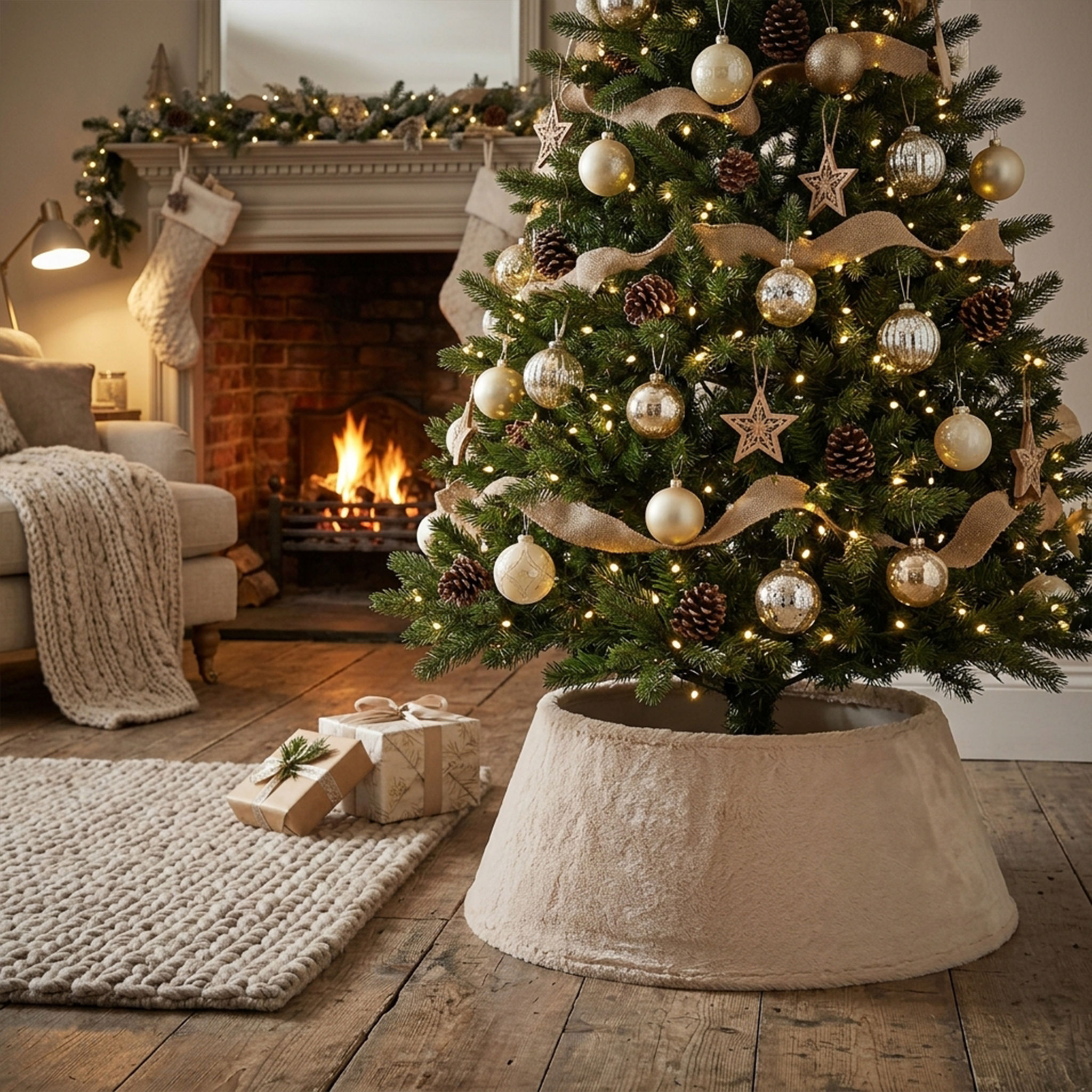 Weihnachtsbaumrock 56 x 25 cm aus Plüsch Stoff - beige - Christbaumständer Samt Abdeckung