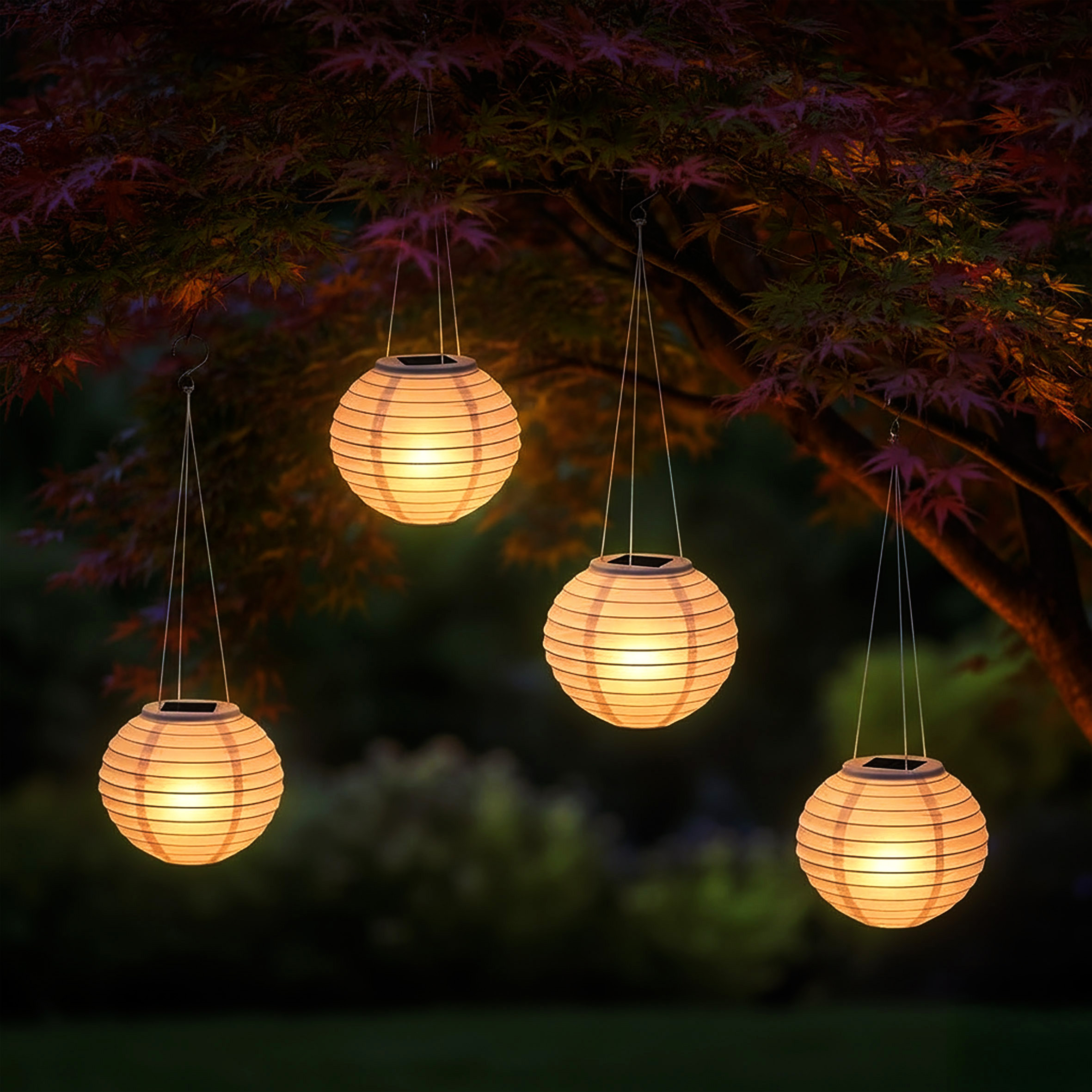 LED Solar Lampion rund 12 cm aus Nylon - 4er Set