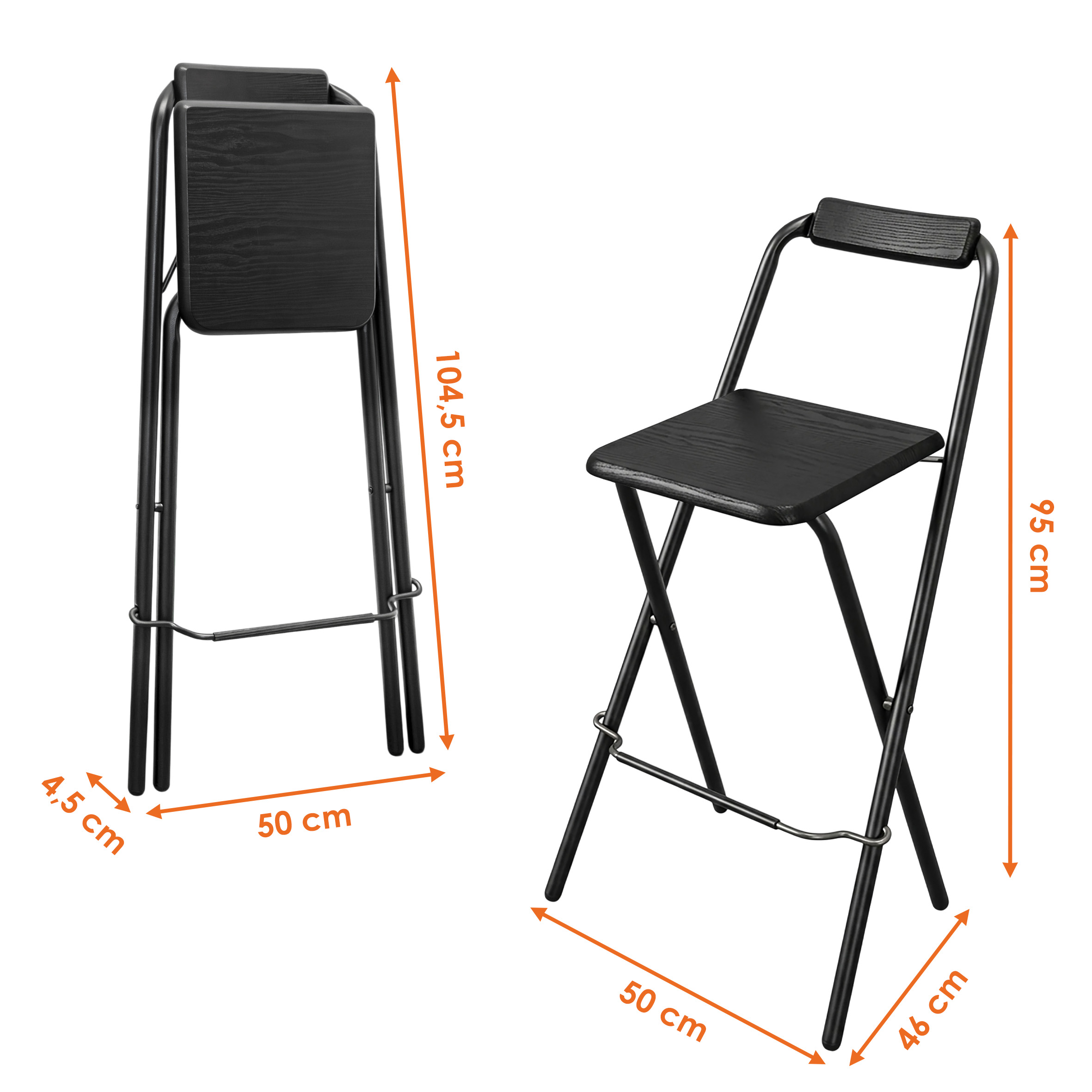 Barhocker klappbar schwarz Belastbarkeit bis 110 kg - 95 x 50 cm - Holz Tresenhocker faltbar mit Holz Sitzfläche und Klappsicherung