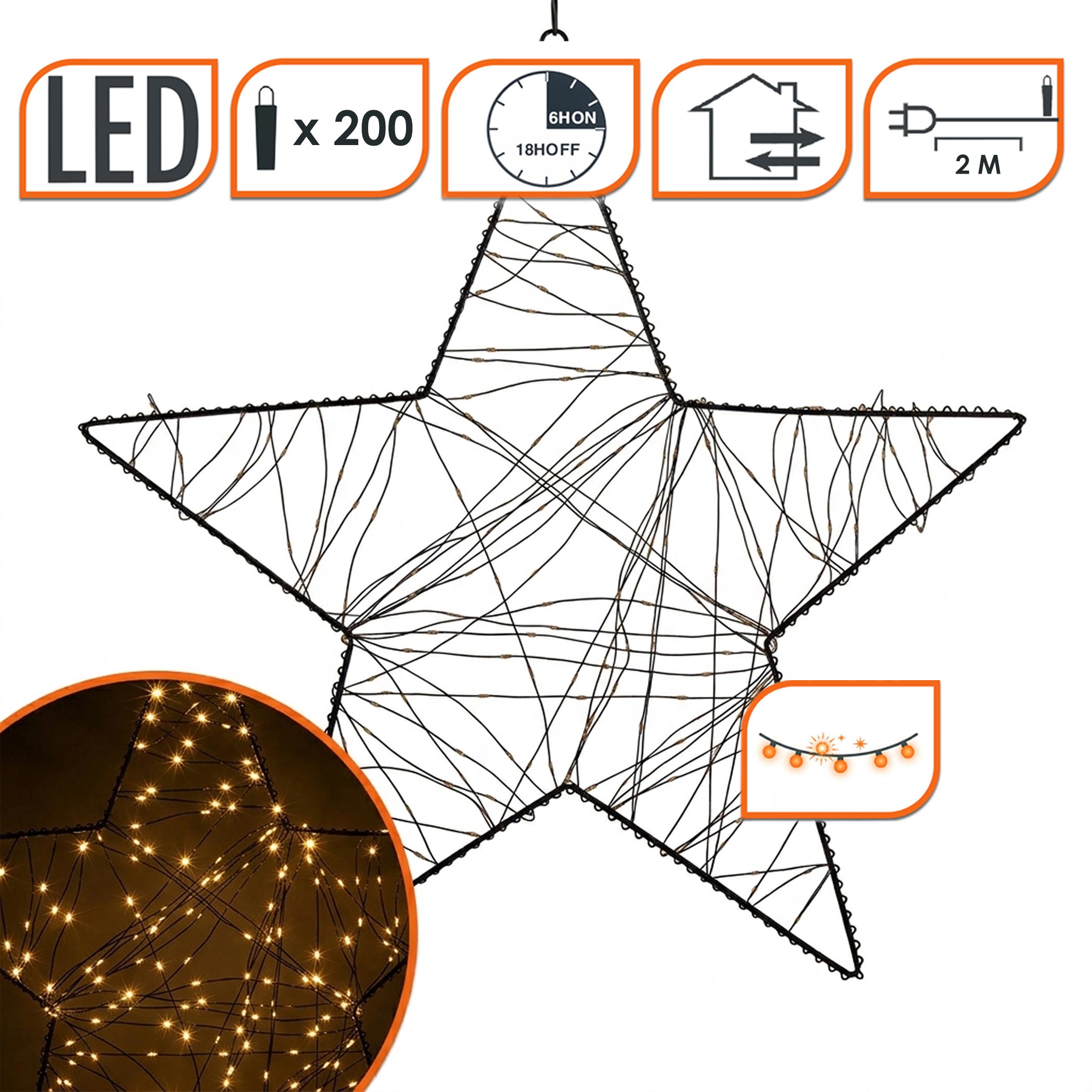 Metall Leuchtstern schwarz mit Twinkle Effekt dimmbar für Außen mit Timer - 30 cm - Stern Silhouette mit funkelnden 200 LEDs in warm weiß mit Netzteil