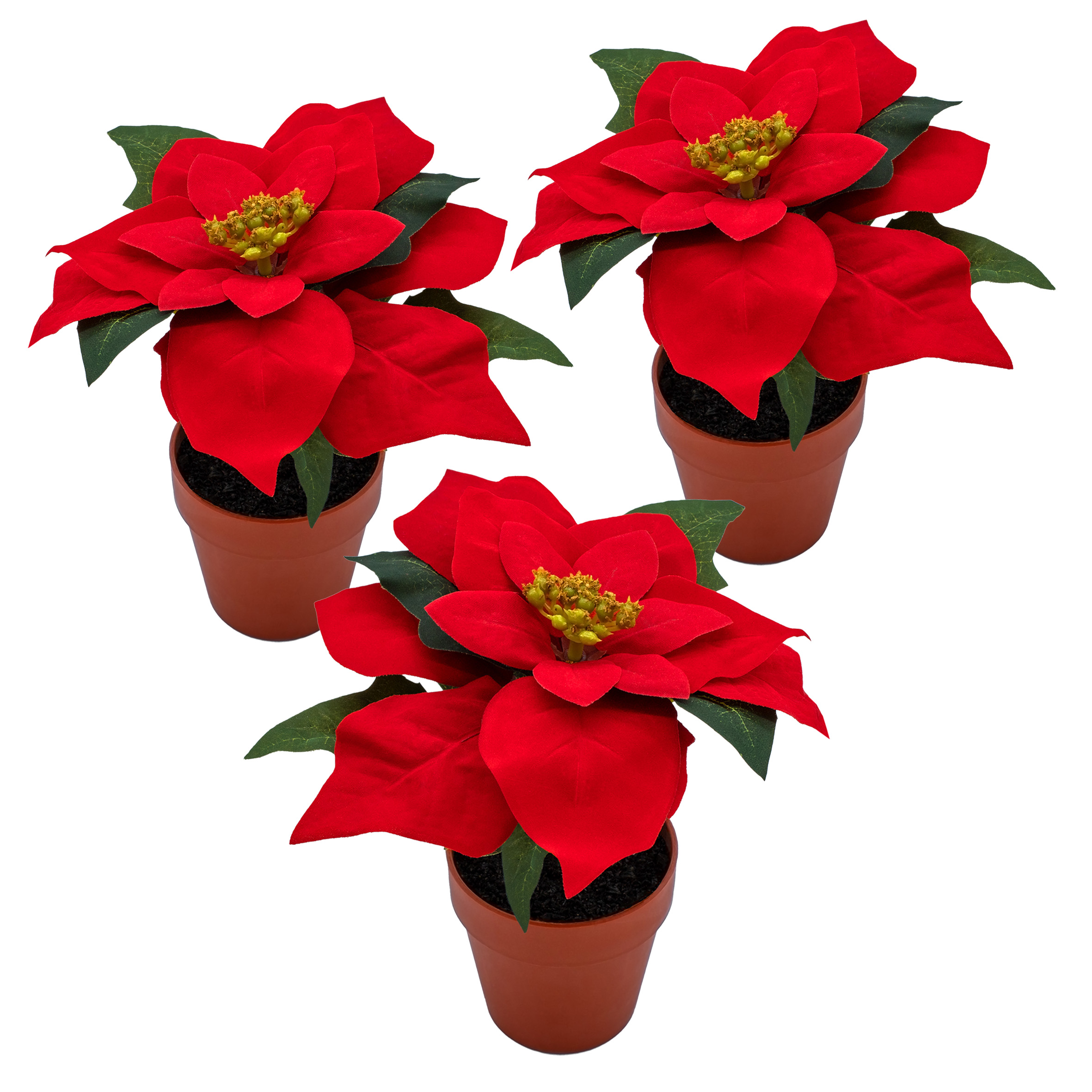 Künstlicher Weihnachtsstern im Blumentopf 20 cm - 3er Set - Kunstblume Poinsettia in naturgetreuer Nachbildung