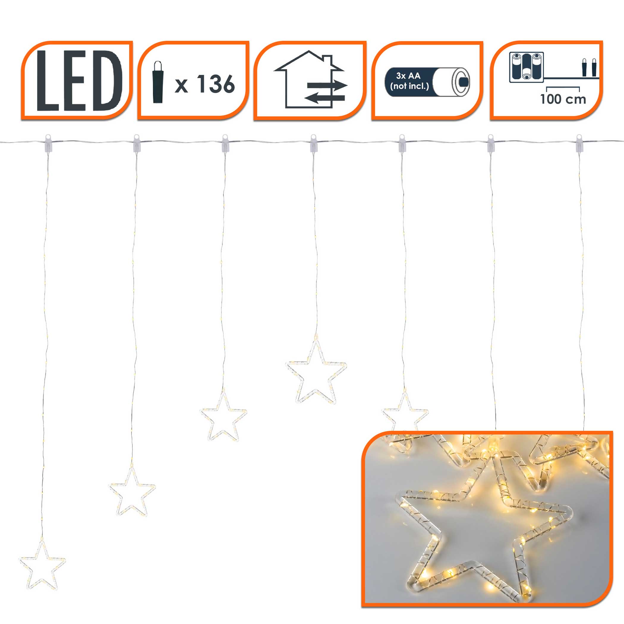 LED Sternen Lichtervorhang warm weiß mit Timer - 120 cm - Deko Lichterkette mit 136 LED für Innen und Außen