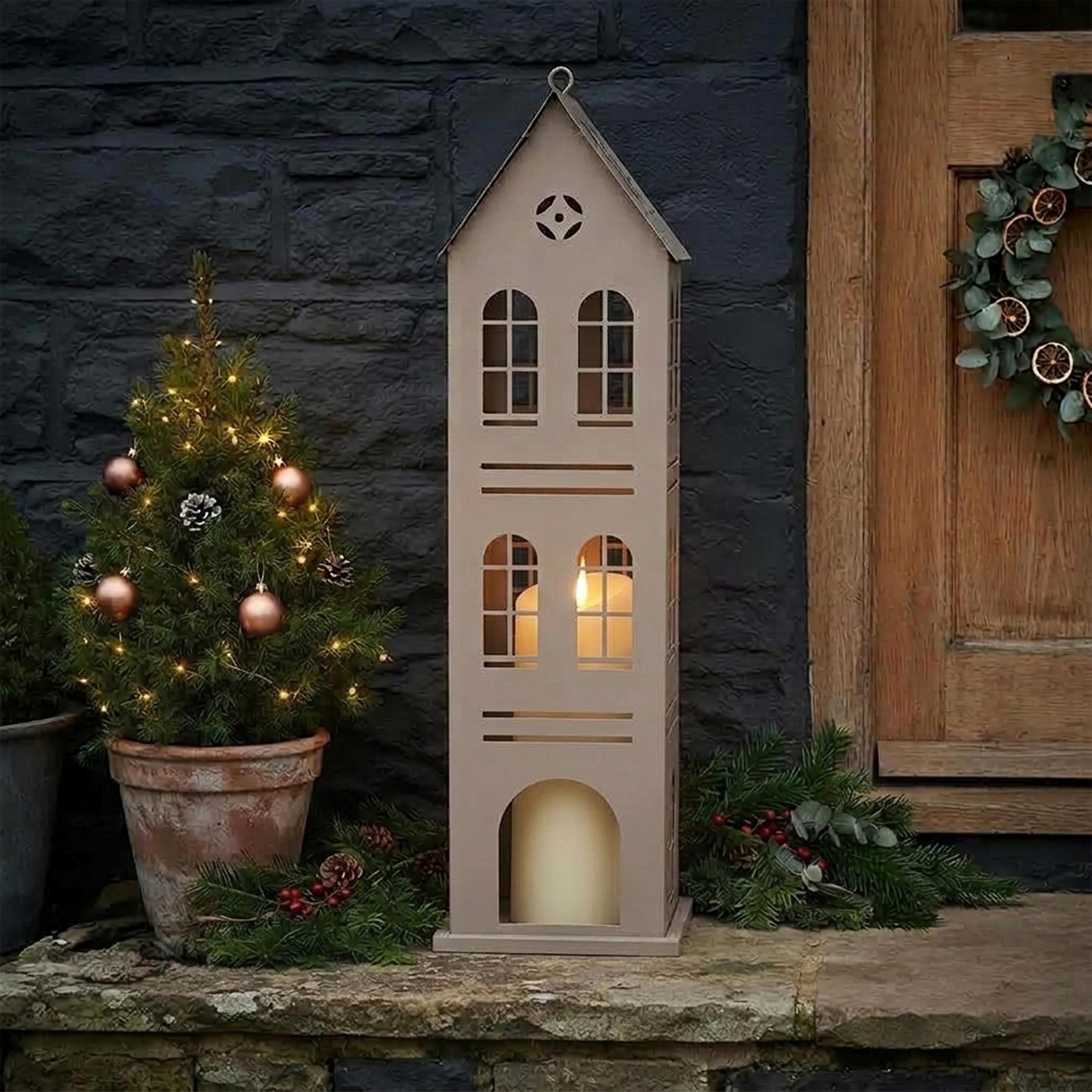 XL Metall Laterne Haus beige - 52 x 14 cm - Deko Windlicht zum Stellen oder Hängen