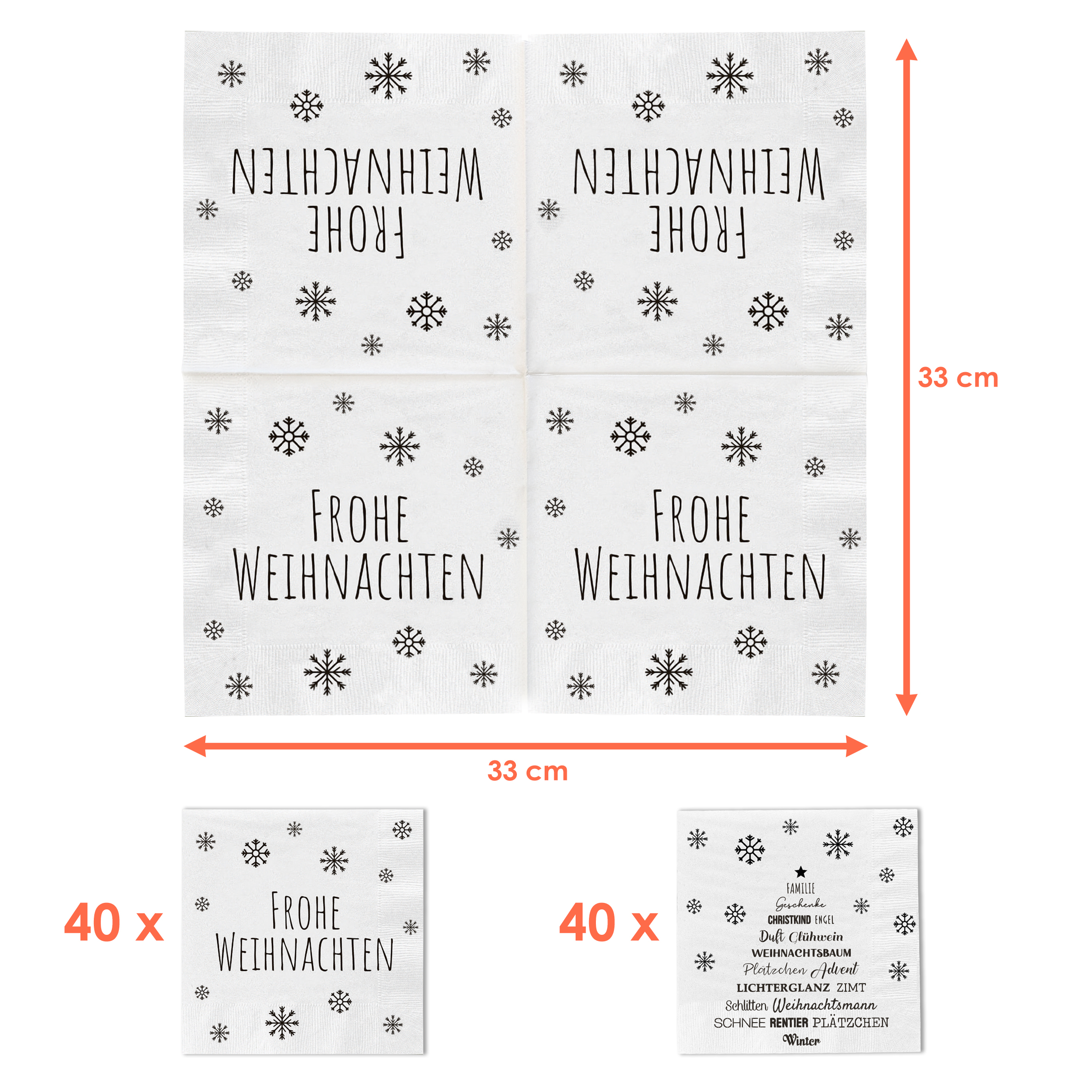 Servietten 80 Stück mit 2 verschiedenen Motiven - Frohe Weihnachten - Tischdeko Papierservietten 2er Set mit Spruch