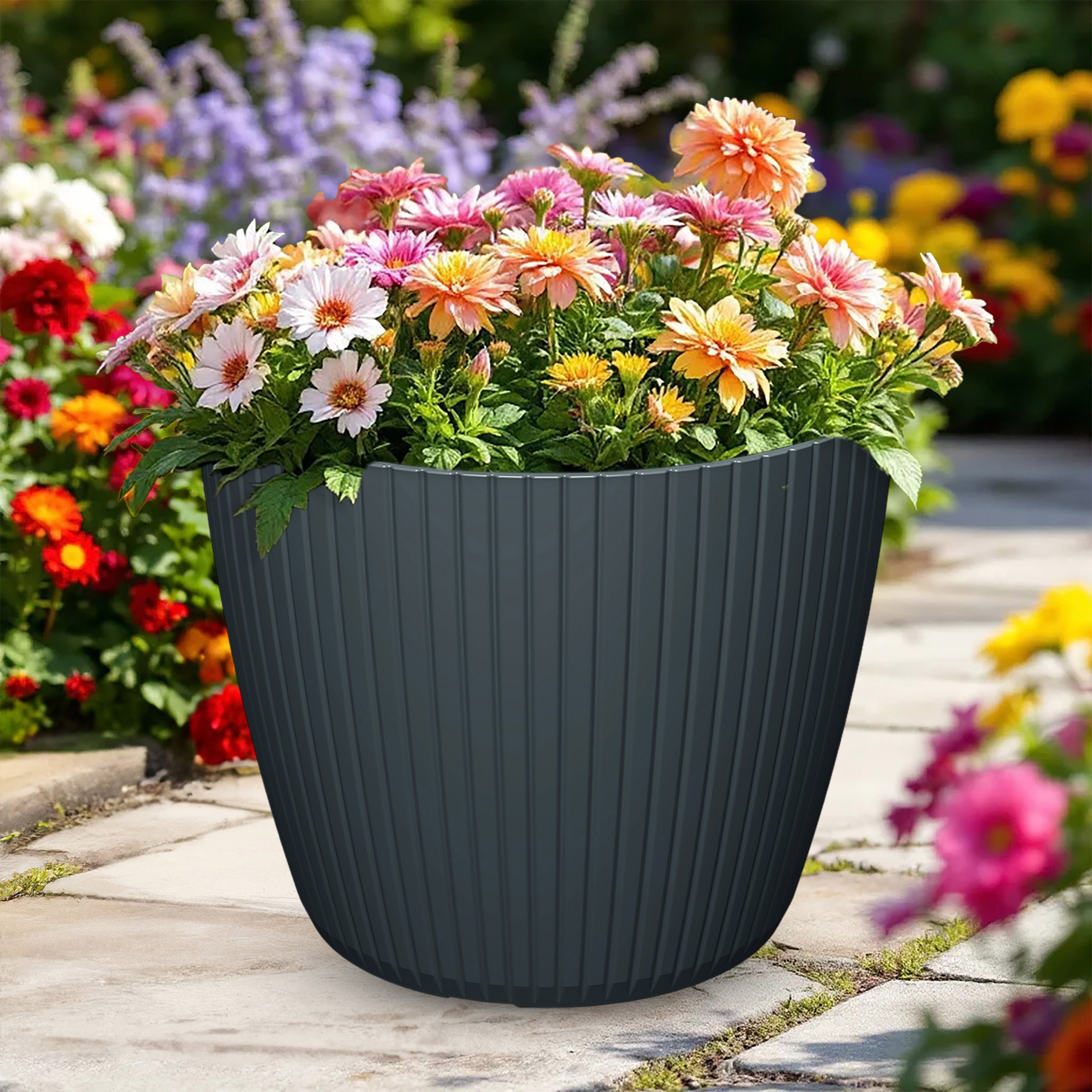 Blumenkübel im Rillen Design rund anthrazit - 38 x 32 cm - Kunststoff Pflanzkübel für Innen und Außen
