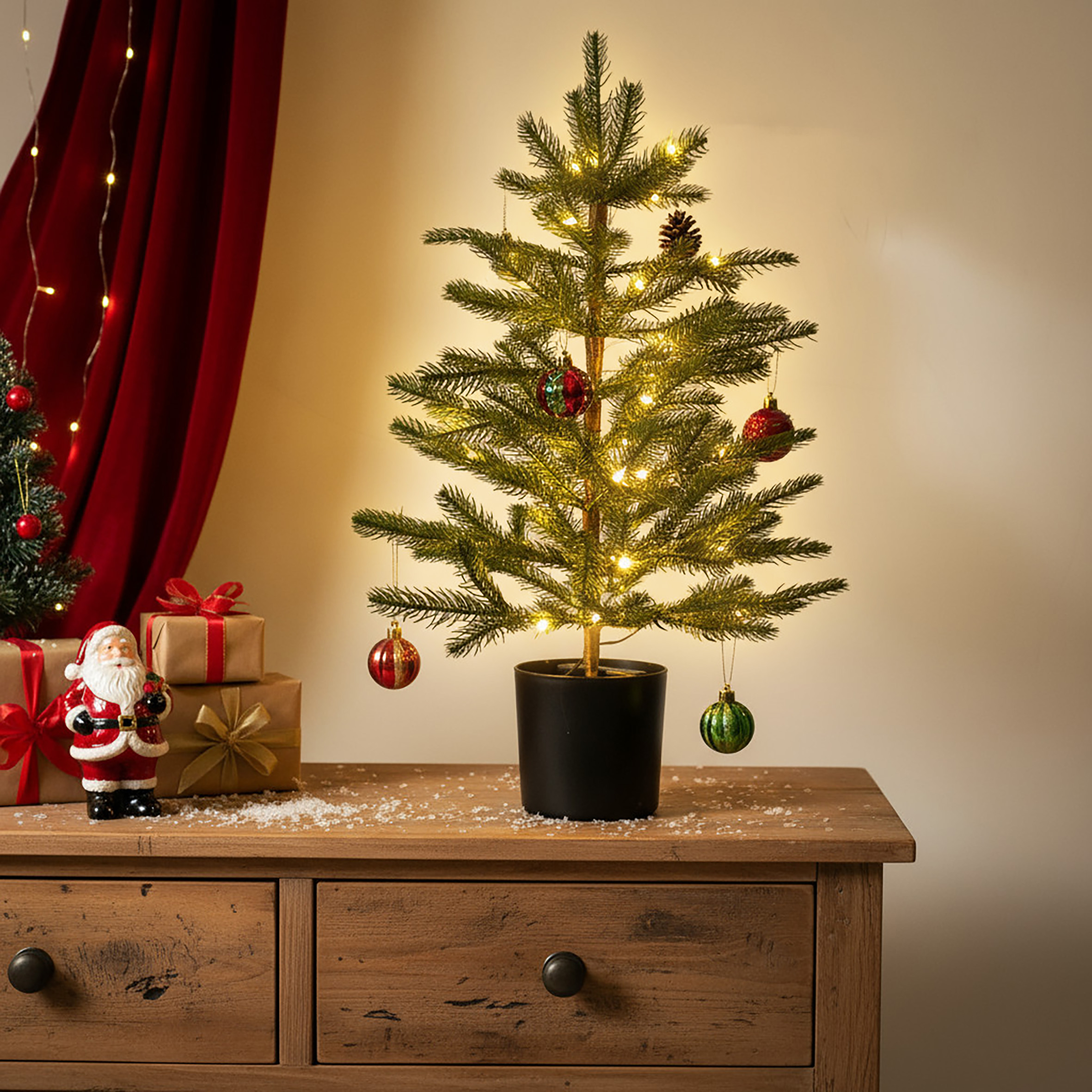 Künstlicher Weihnachtsbaum im Topf 60 cm mit Lichterkette batteriebetrieben - 30 LED - Deko Tannenbaum im Blumentopf warm weiß beleuchtet mit Timer