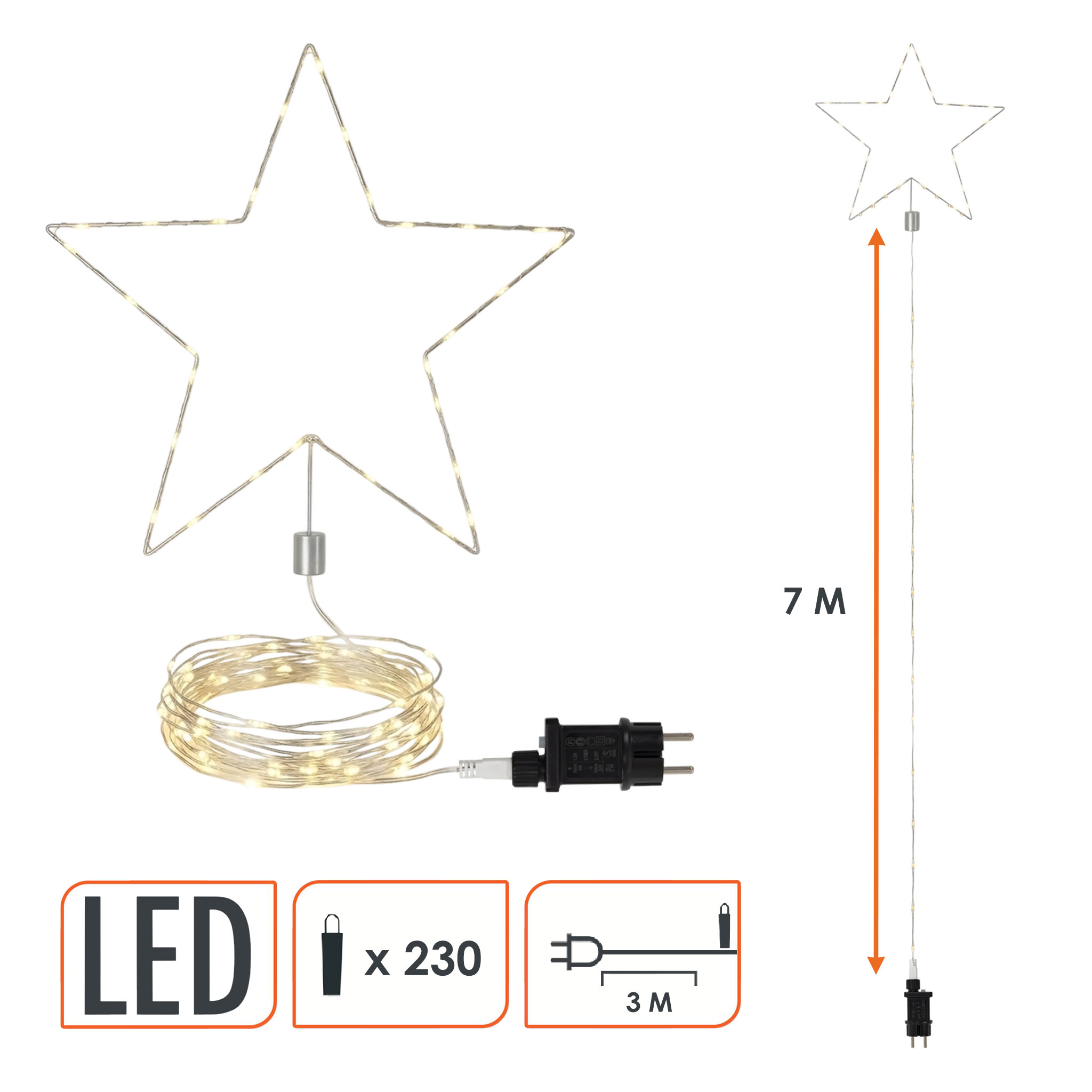 LED Metall Stern Spitze 80 cm für Fahnenmast bis 6,20 m mit Netzteil für Außen - 230 LEDs - Leuchtstern Silhouette silber mit 7 m Lichterkette in warm weiß mit Timer