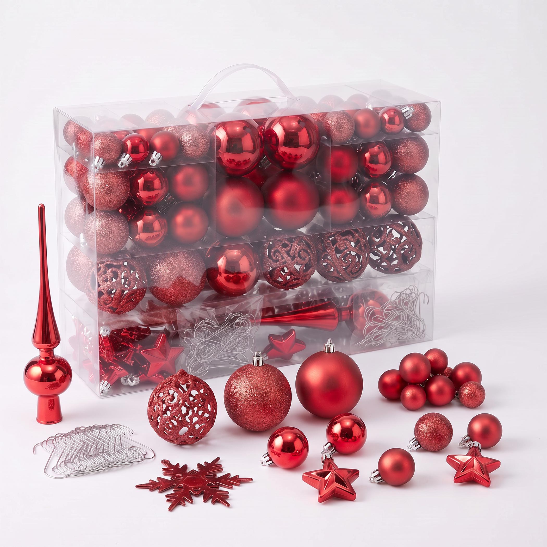 Kunststoff Christbaumkugel Set 111-teilig bruchsicher - rot - Design Weihnachtskugeln inklusive Metall Haken
