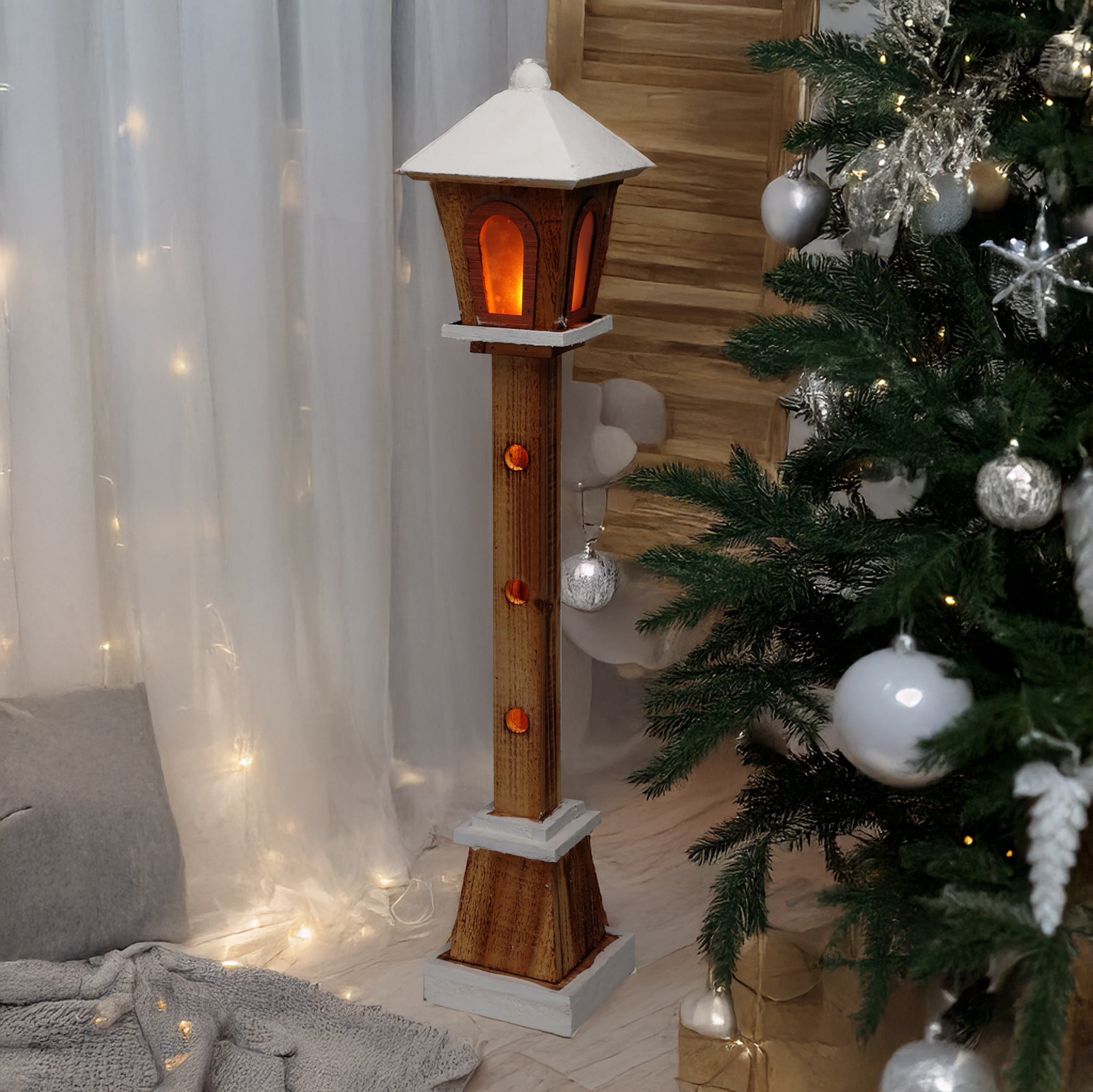 Holz Laterne mit 23 LED in warm weiß - 75 cm - Weihnachts Deko Leuchte Batterie betrieben