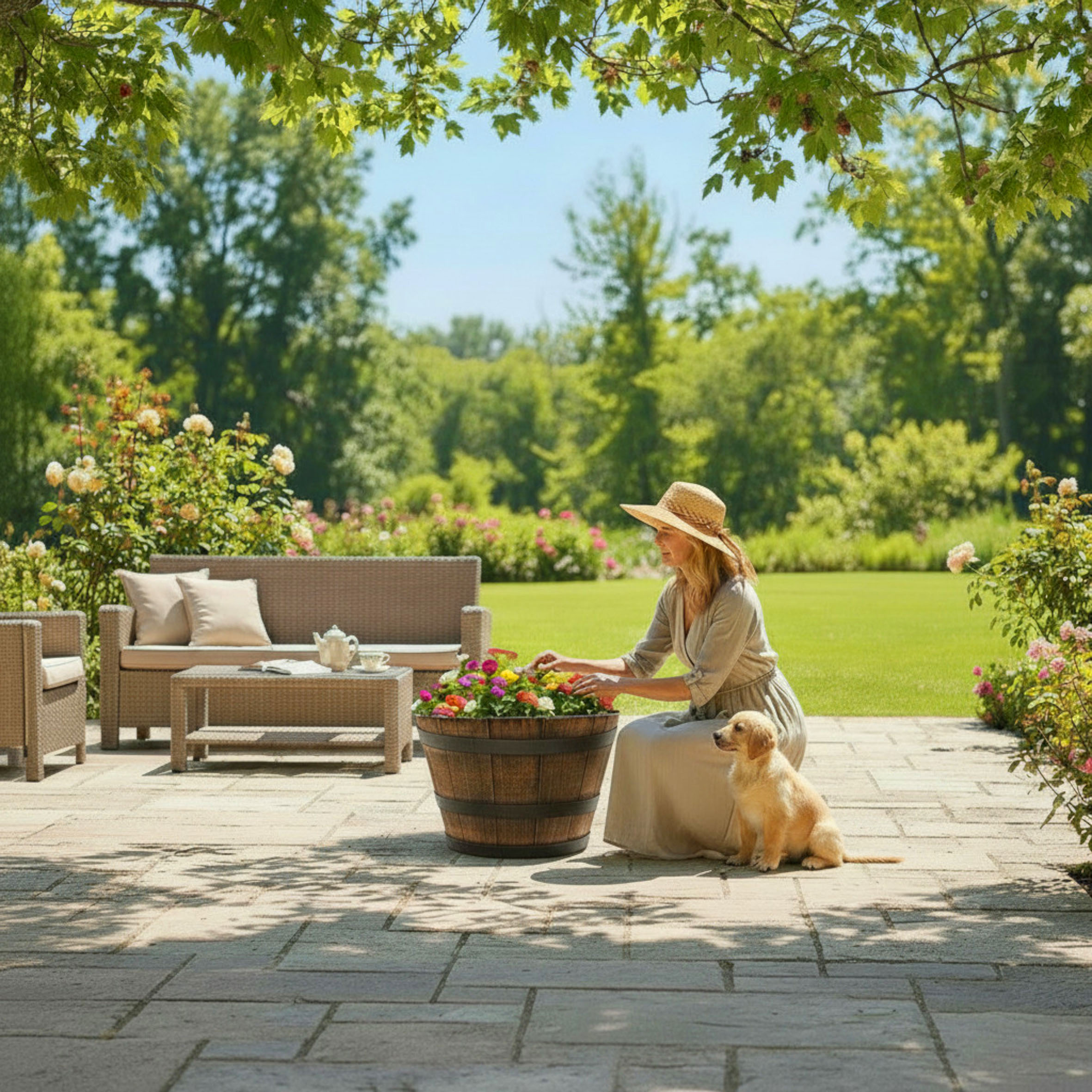 Kunststoff Blumenkübel in Eichenfass Optik braun - 39 cm - Mini Gartenteich Becken im Holz Wasserkübel Design