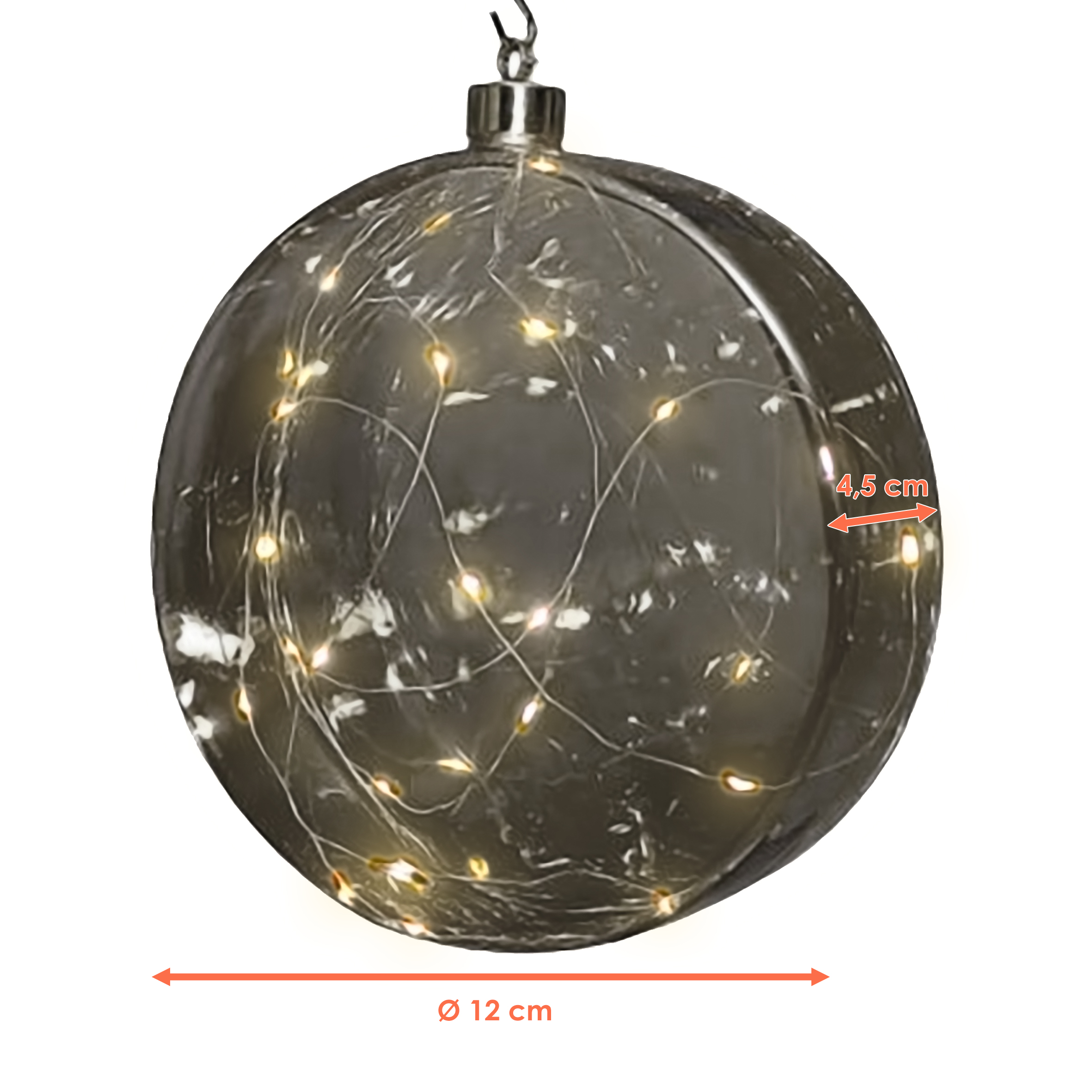 LED Glas Disc 12 cm warm weiß beleuchtet - transparent grau - Weihnachtsdeko Kugel Batterie betrieben mit Timer