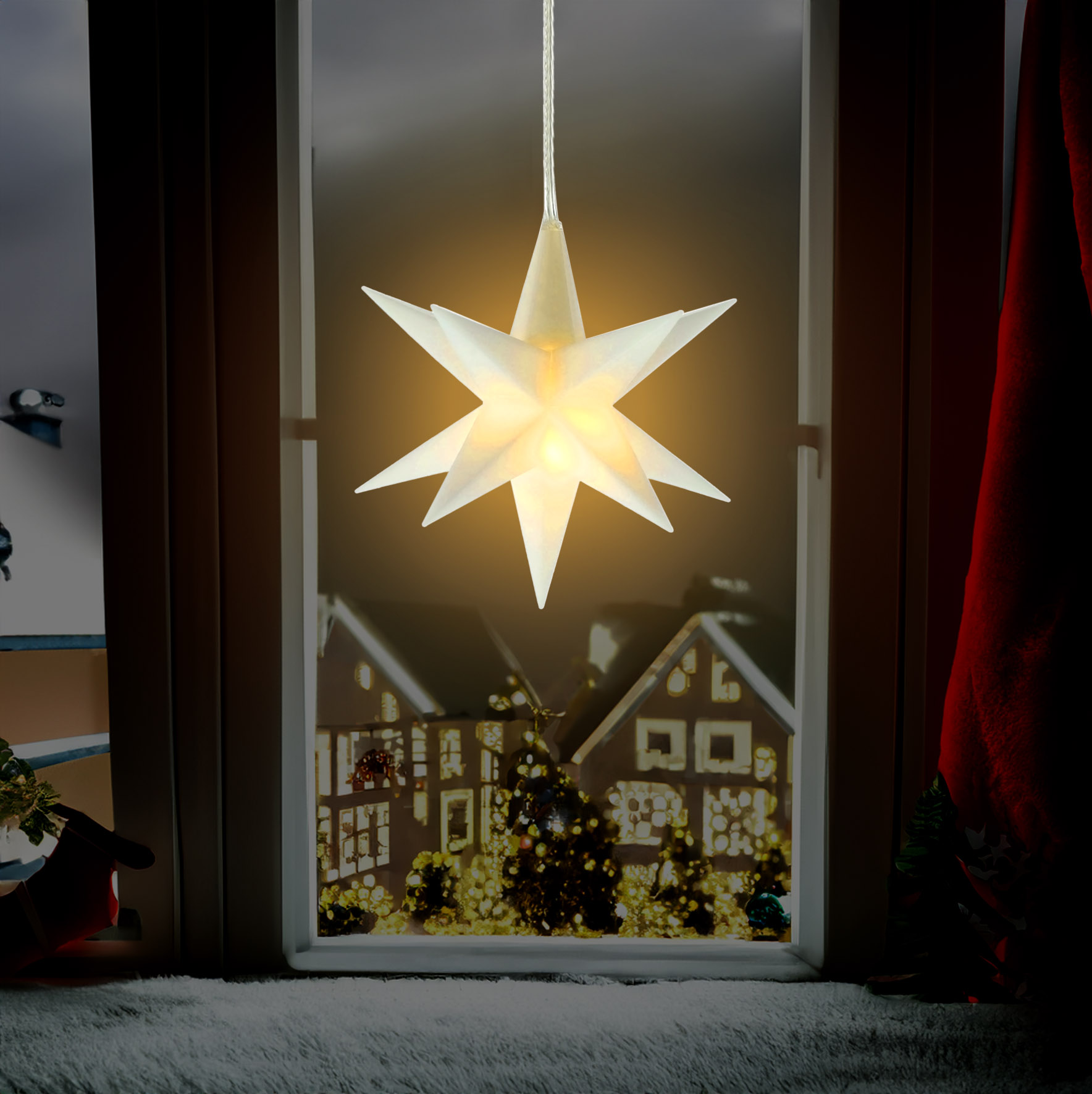3D Weihnachtsstern 12 cm warm weiß Beleuchtet - weiß oder rot / 1 oder 3 Stück - LED Fenster Deko Leuchtstern mit Timer Batterie betrieben