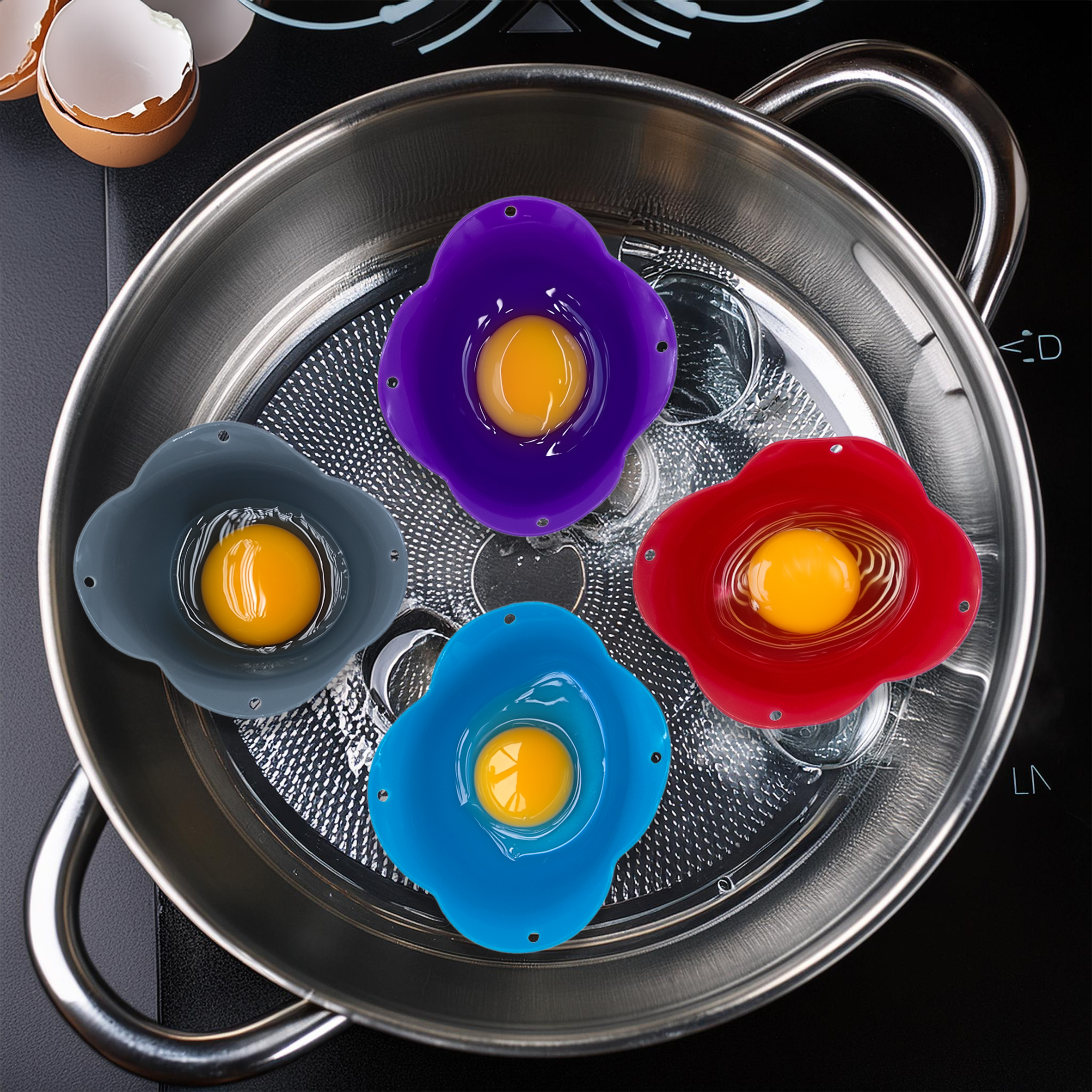 Silikon Eierpochierbecher 4er Set bunt - 11 x 6 cm - Kunststoff Eierkocher antihaftbeschichtet