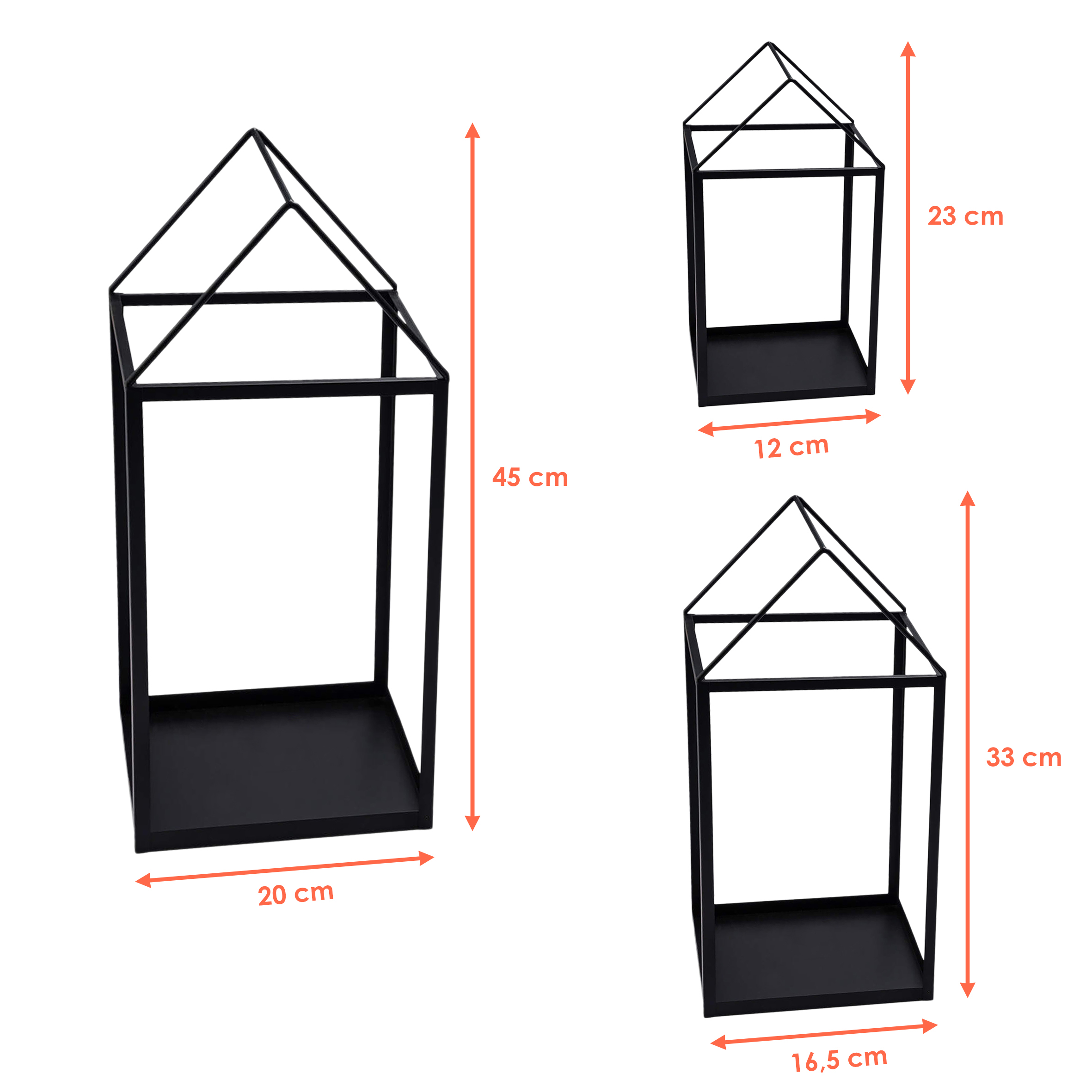 Metall Laterne in Haus Form schwarz 3er Set - 45 / 33 / 23 cm - Deko Windlicht zum Hinstellen