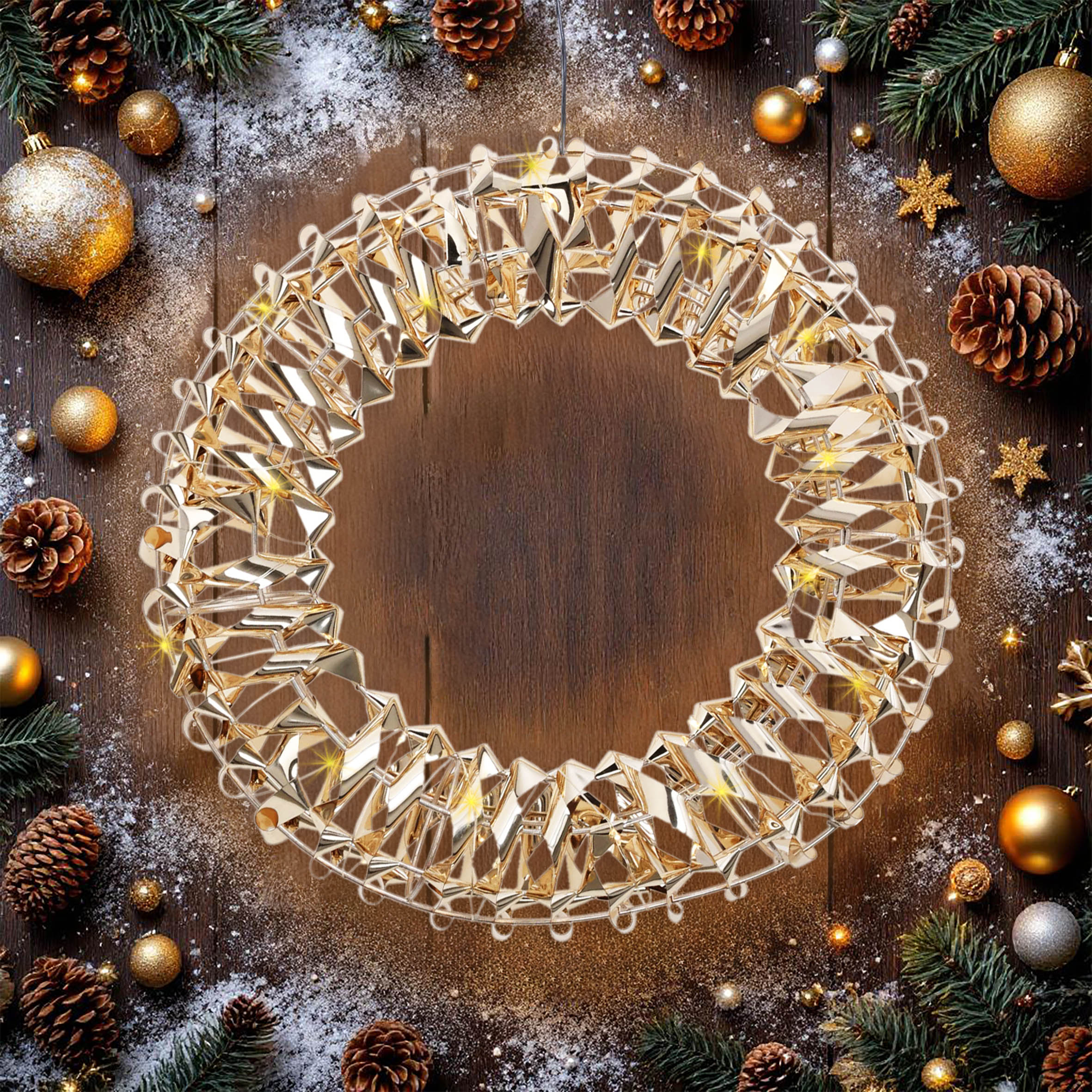 Goldener Ring mit 3D Effekt und Timer  - 30 cm - aus Metall mit LED Lichterkette umwickelt Batterie betrieben