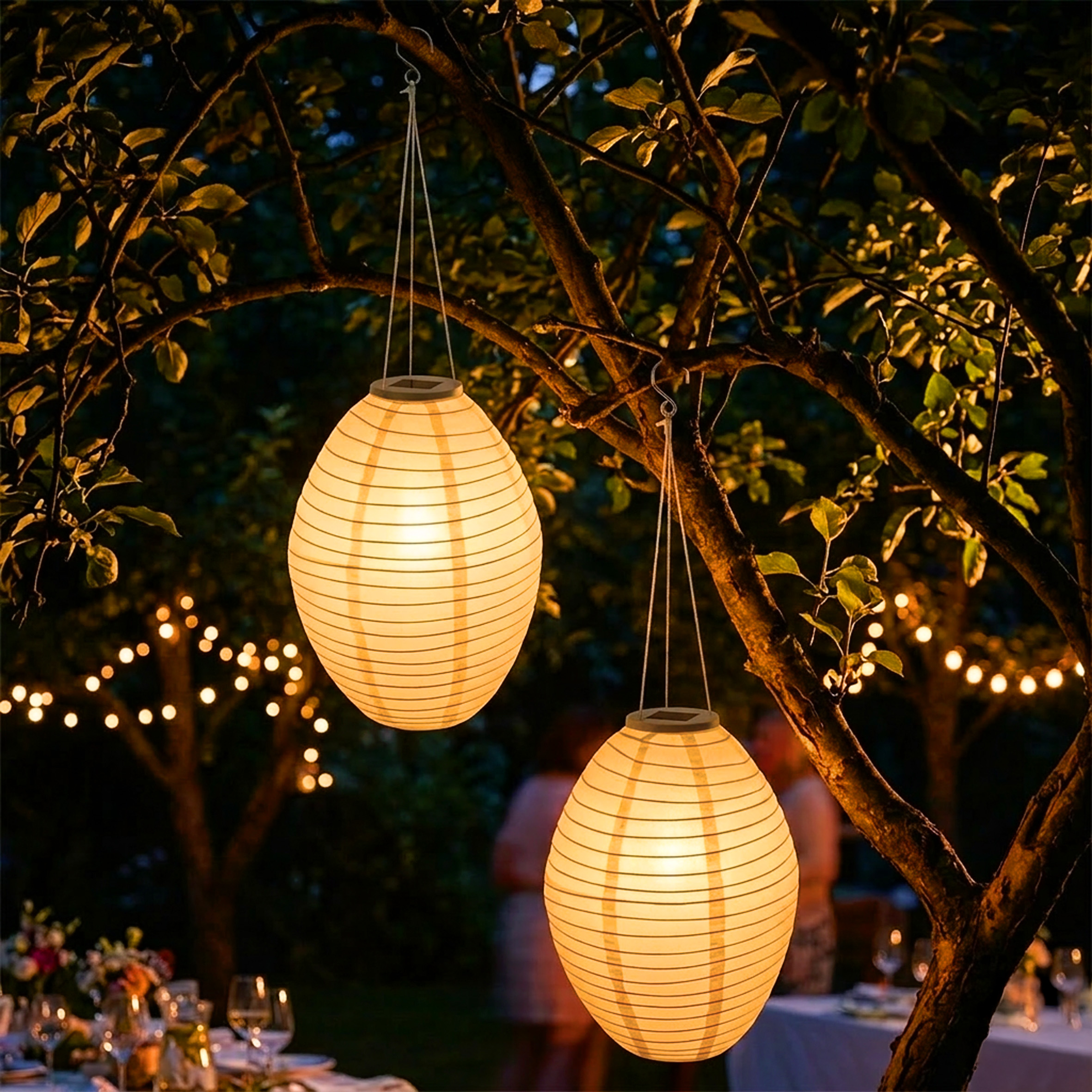 LED Solar Lampion oval 33 x 22 cm aus Nylon - 2er Set
