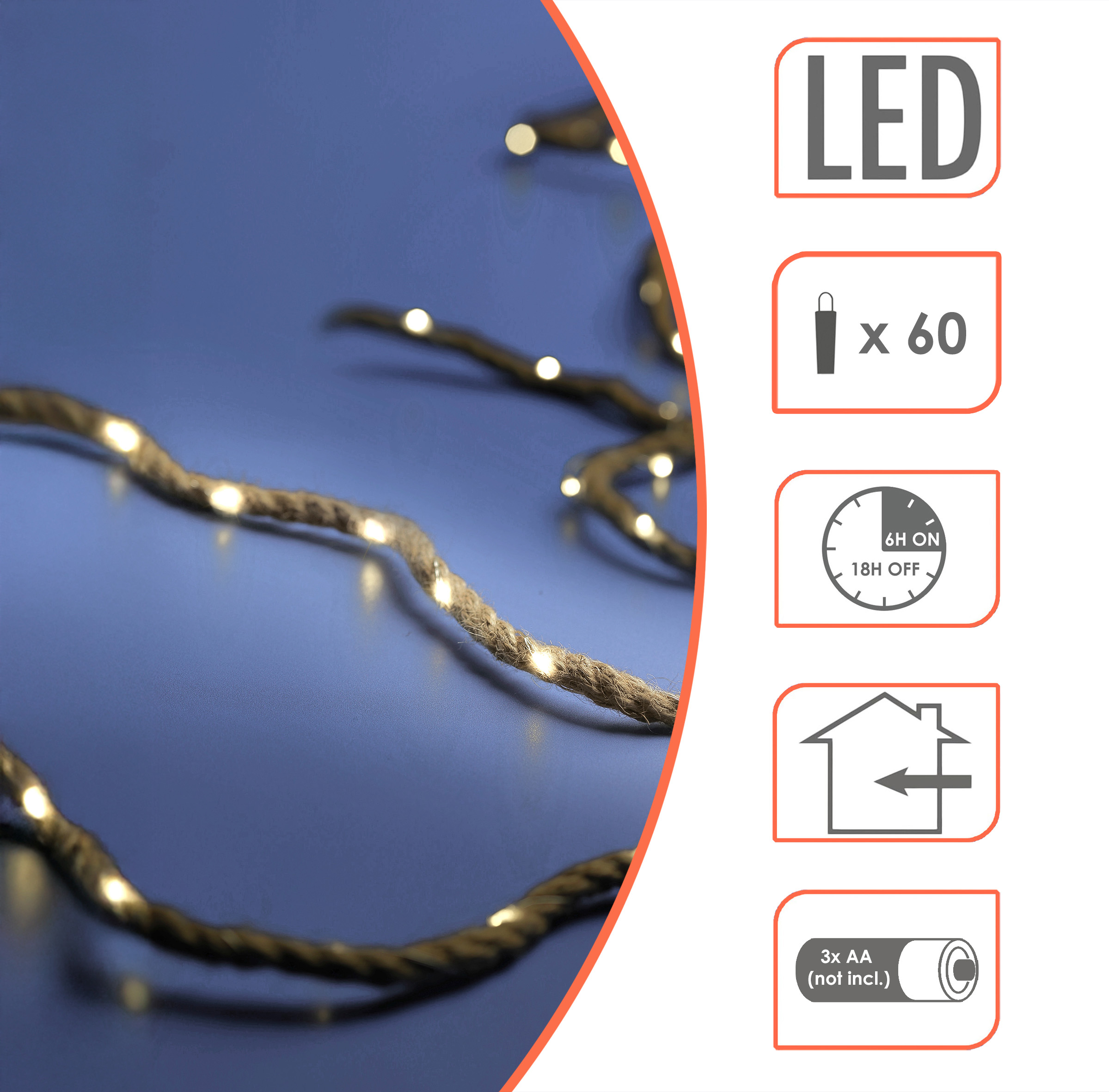 Tau mit Draht Lichterkette warm weiß mit Timer - 400 cm - Naturkordel mit 60 LED Batterie betrieben