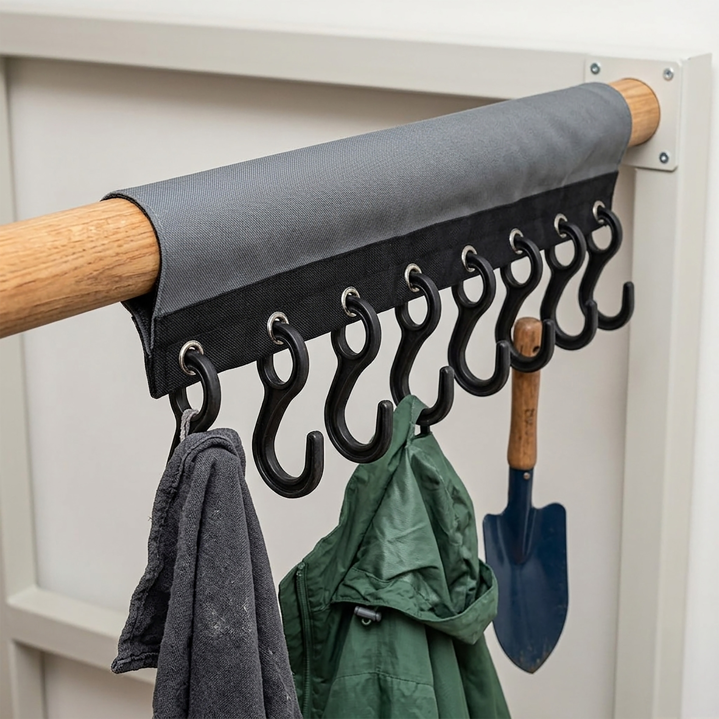 Camping Hakenleiste mit Klettverschluss für Zeltstangen - 58 x 20 cm - Universal Garderobenleiste mit 8 Haken